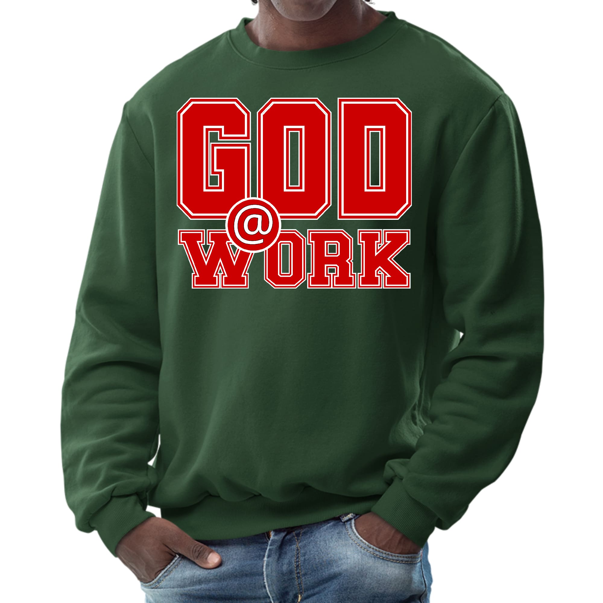 Mens Graphic Sweatshirt in red and white with God @ Work print, showcasing long sleeves and ribbed details.