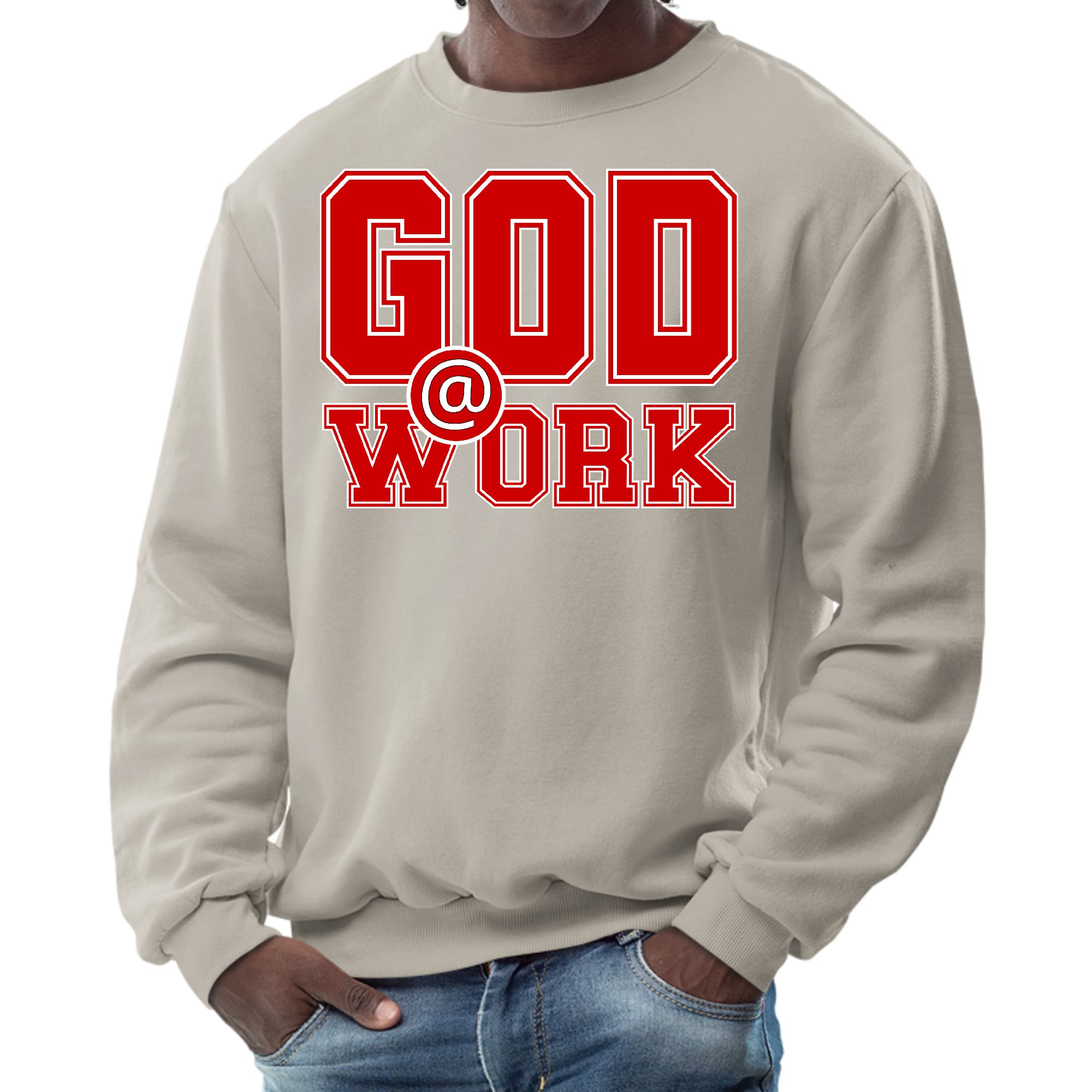 Mens Graphic Sweatshirt in red and white with God @ Work print, showcasing long sleeves and ribbed details.