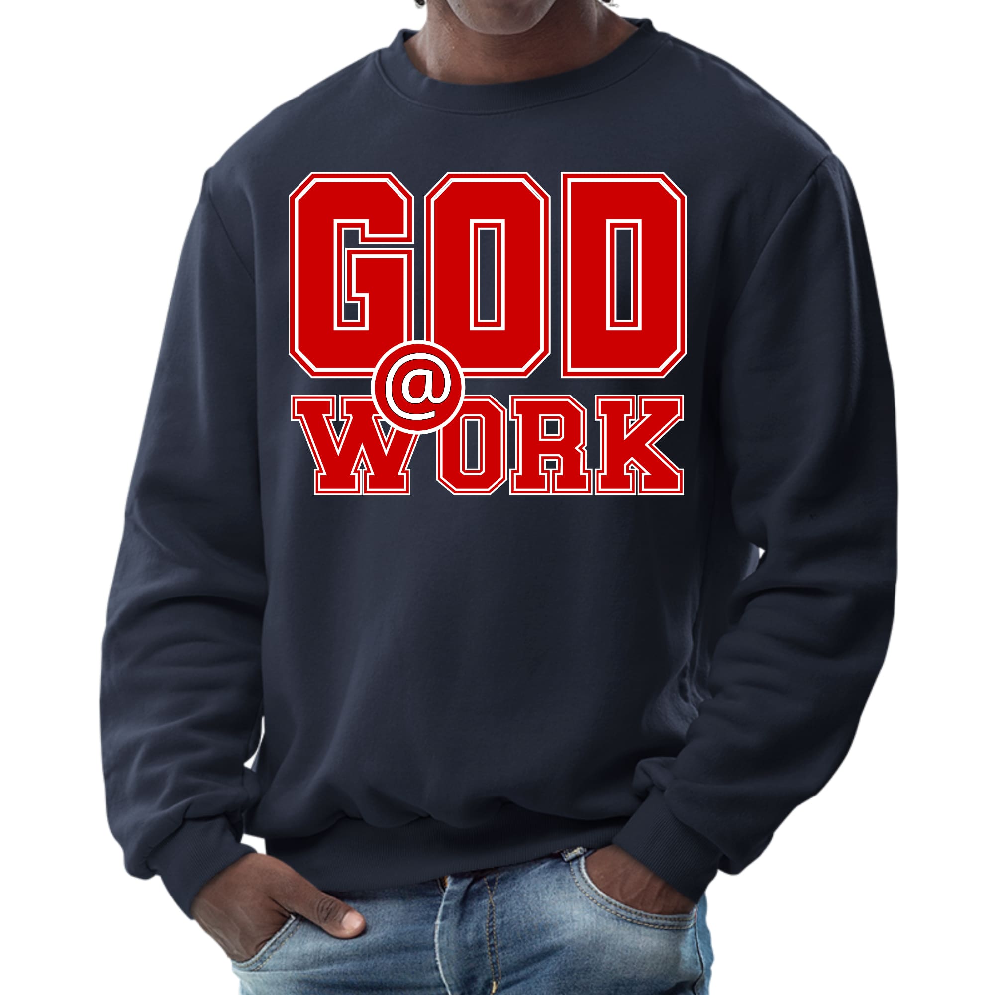 Mens Graphic Sweatshirt in red and white with God @ Work print, showcasing long sleeves and ribbed details.