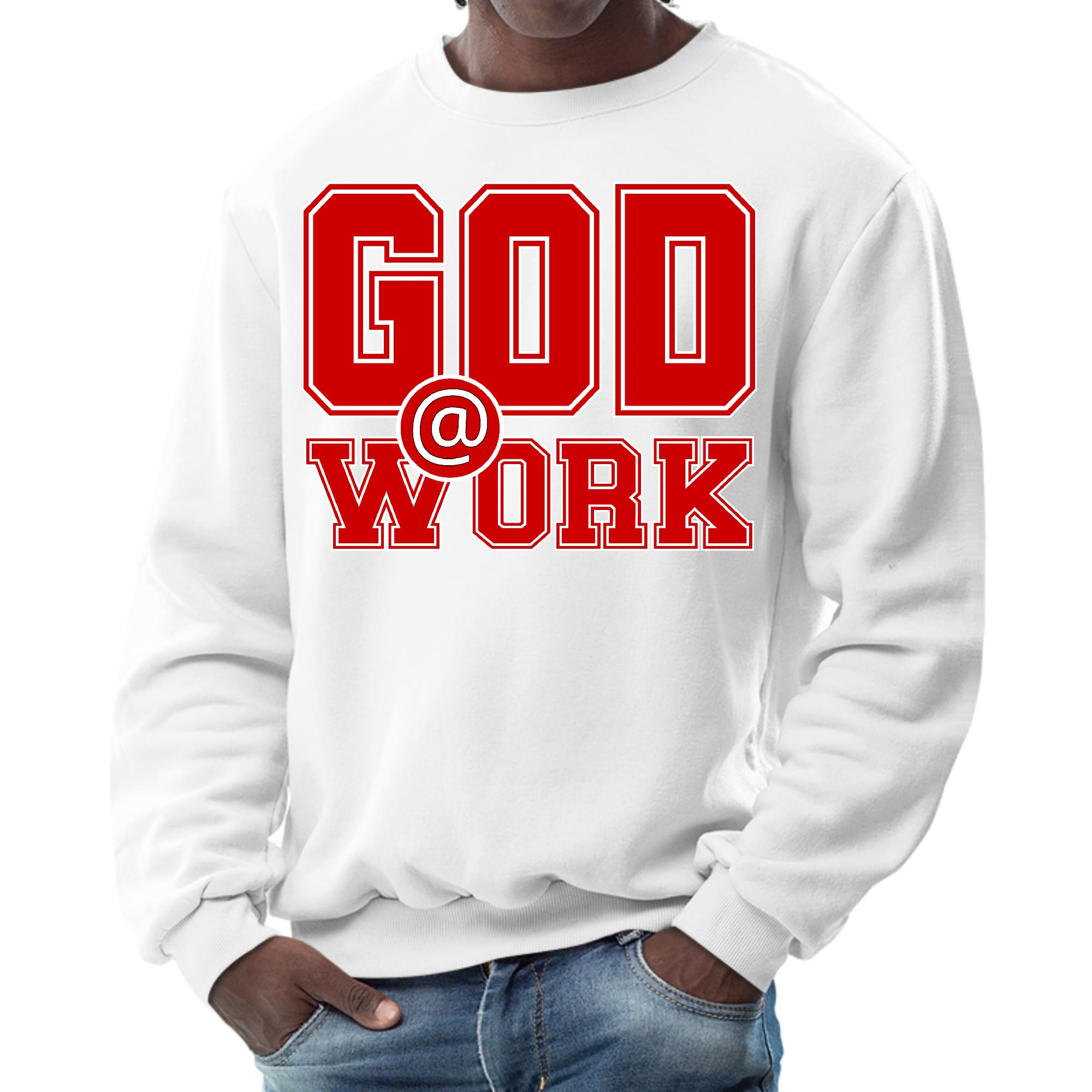 Mens Graphic Sweatshirt in red and white with God @ Work print, showcasing long sleeves and ribbed details.