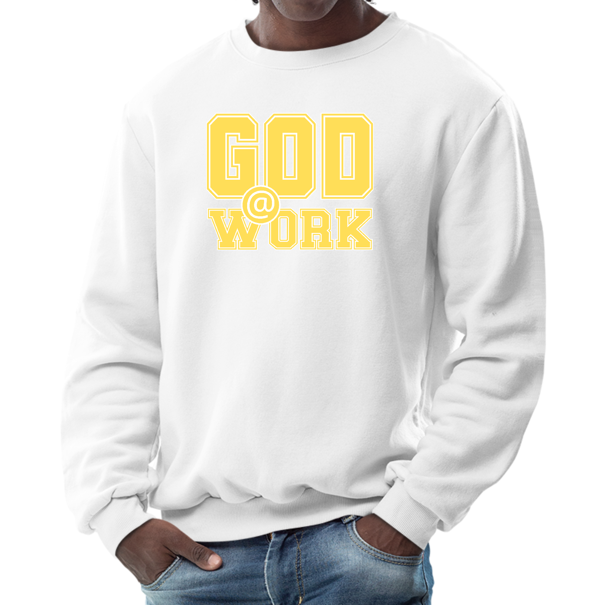 Men's graphic sweatshirt featuring 'God @ Work' print in yellow and white, showcasing a stylish and comfortable design.