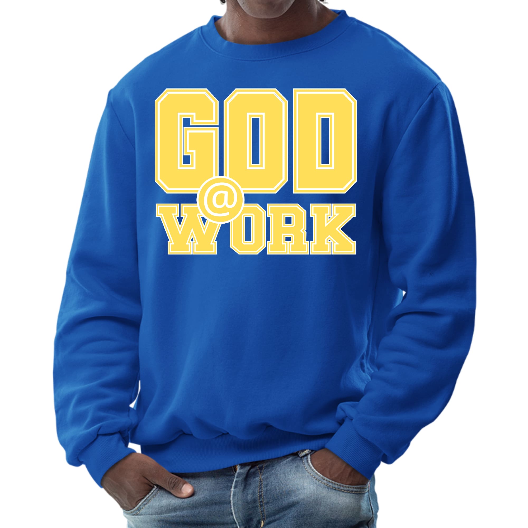 Men's graphic sweatshirt featuring 'God @ Work' print in yellow and white, showcasing a stylish and comfortable design.