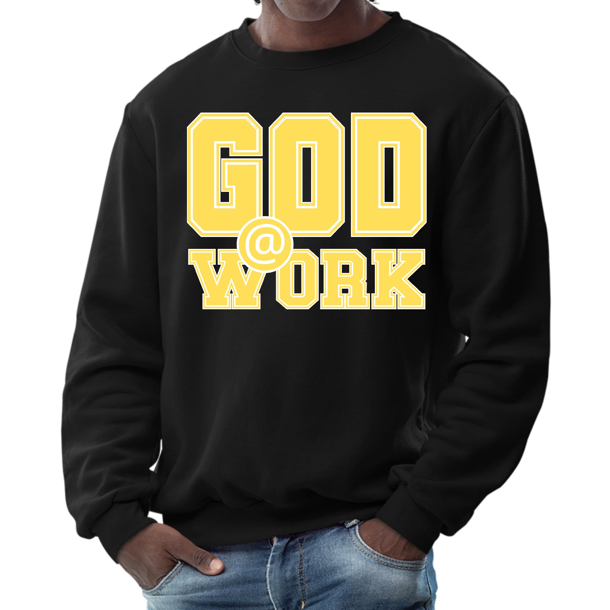 Men's graphic sweatshirt featuring 'God @ Work' print in yellow and white, showcasing a stylish and comfortable design.