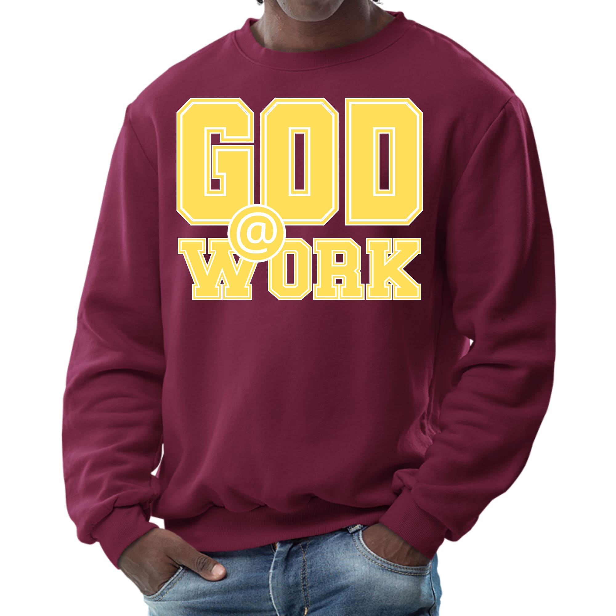 Men's graphic sweatshirt featuring 'God @ Work' print in yellow and white, showcasing a stylish and comfortable design.