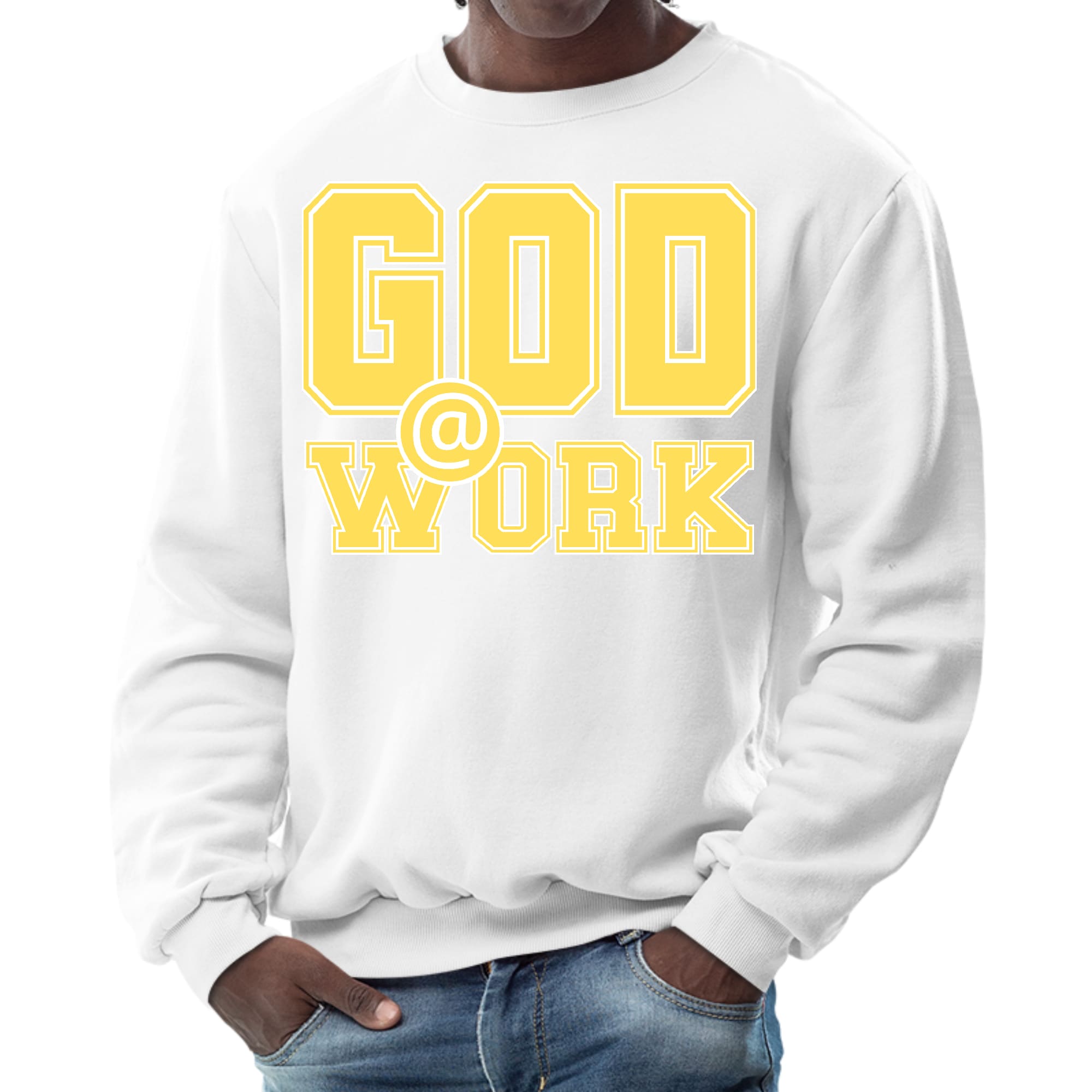 Men's graphic sweatshirt featuring 'God @ Work' print in yellow and white, showcasing a stylish and comfortable design.