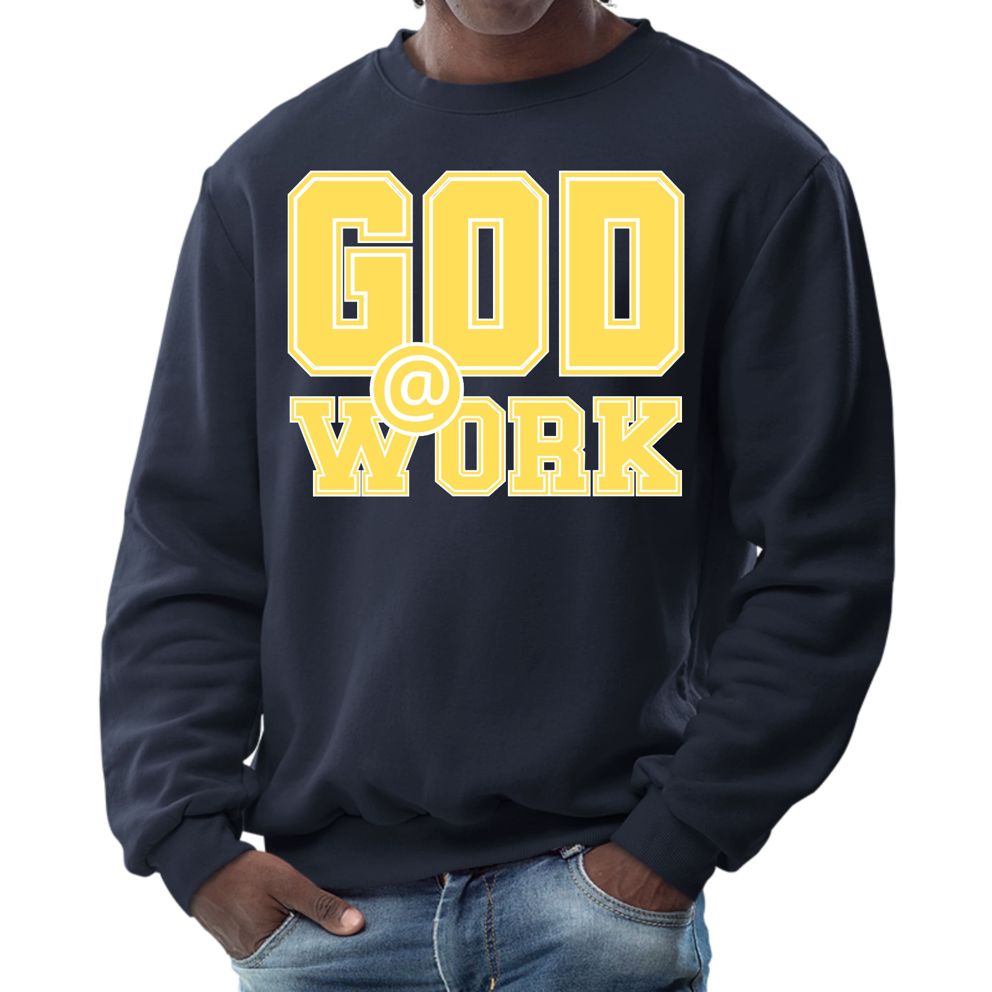 Men's graphic sweatshirt featuring 'God @ Work' print in yellow and white, showcasing a stylish and comfortable design.