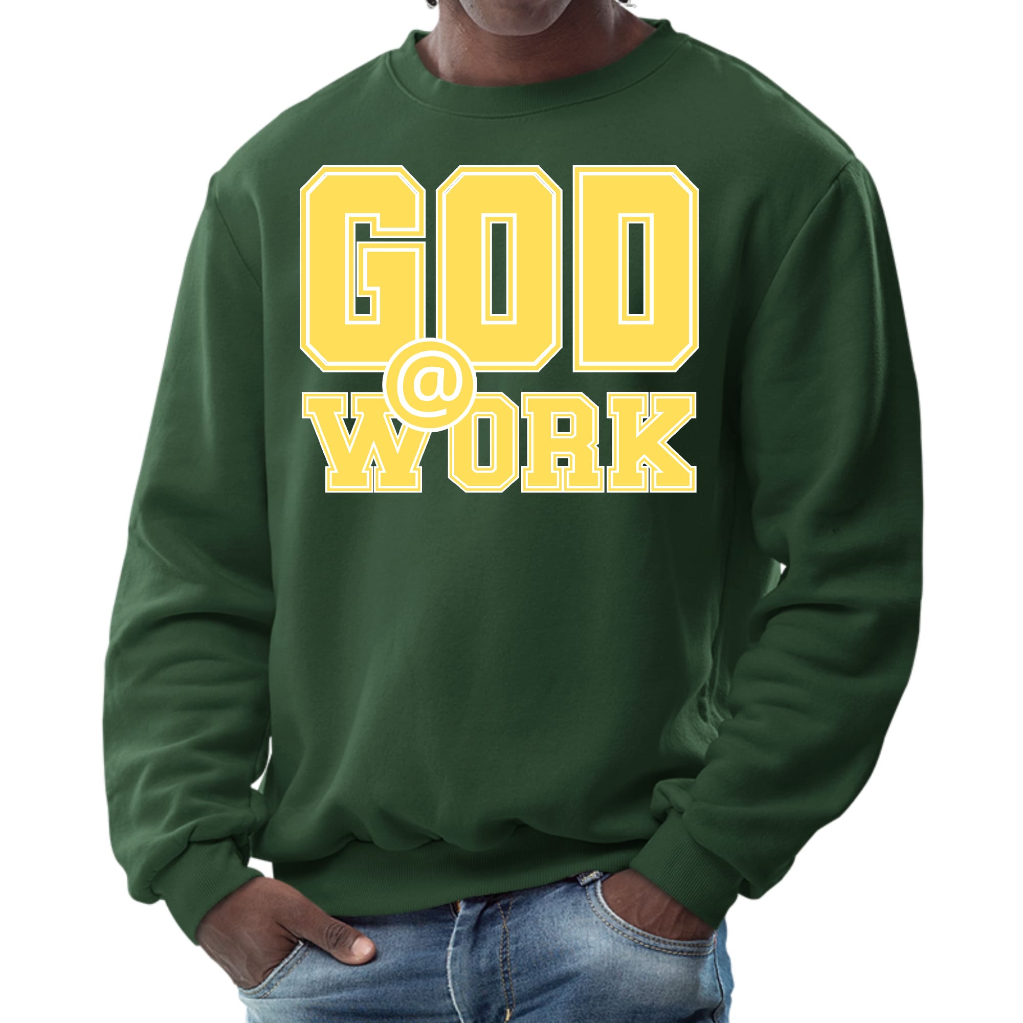Men's graphic sweatshirt featuring 'God @ Work' print in yellow and white, showcasing a stylish and comfortable design.