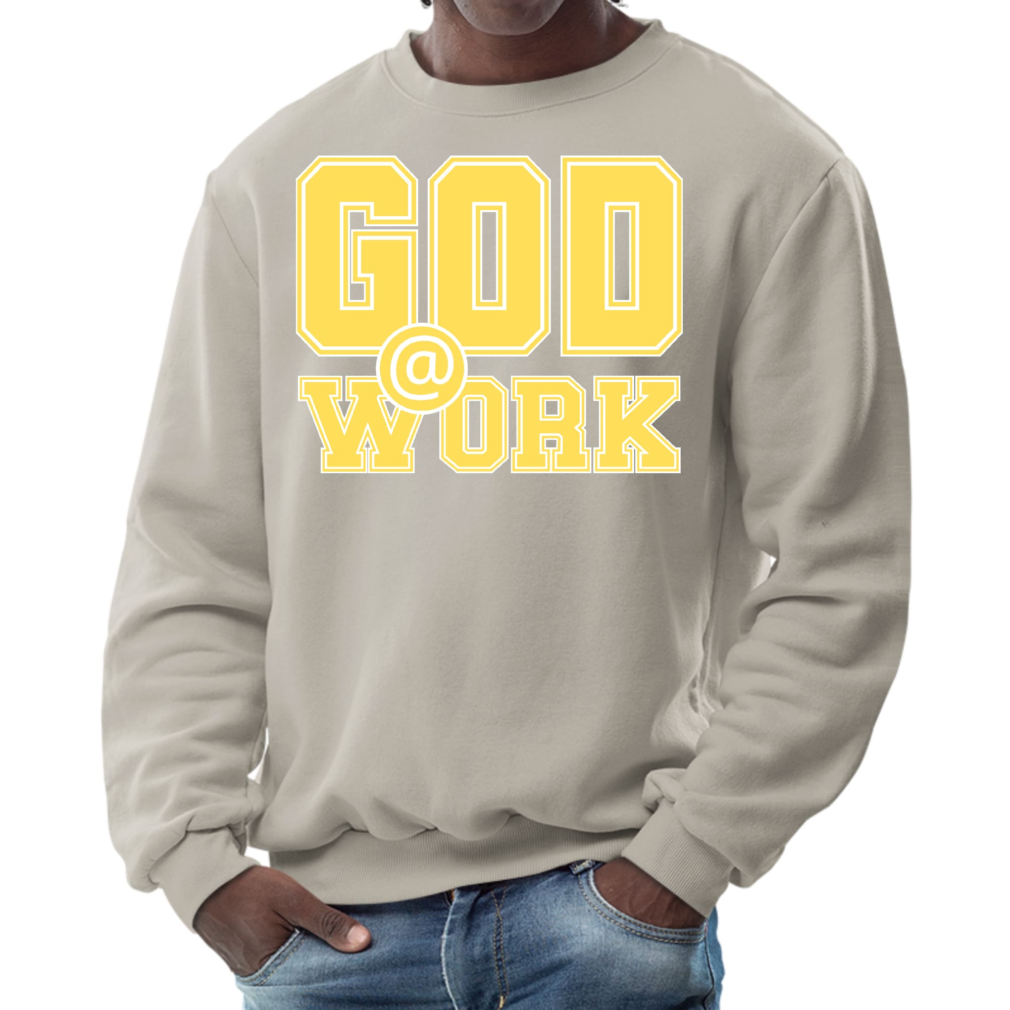 Men's graphic sweatshirt featuring 'God @ Work' print in yellow and white, showcasing a stylish and comfortable design.