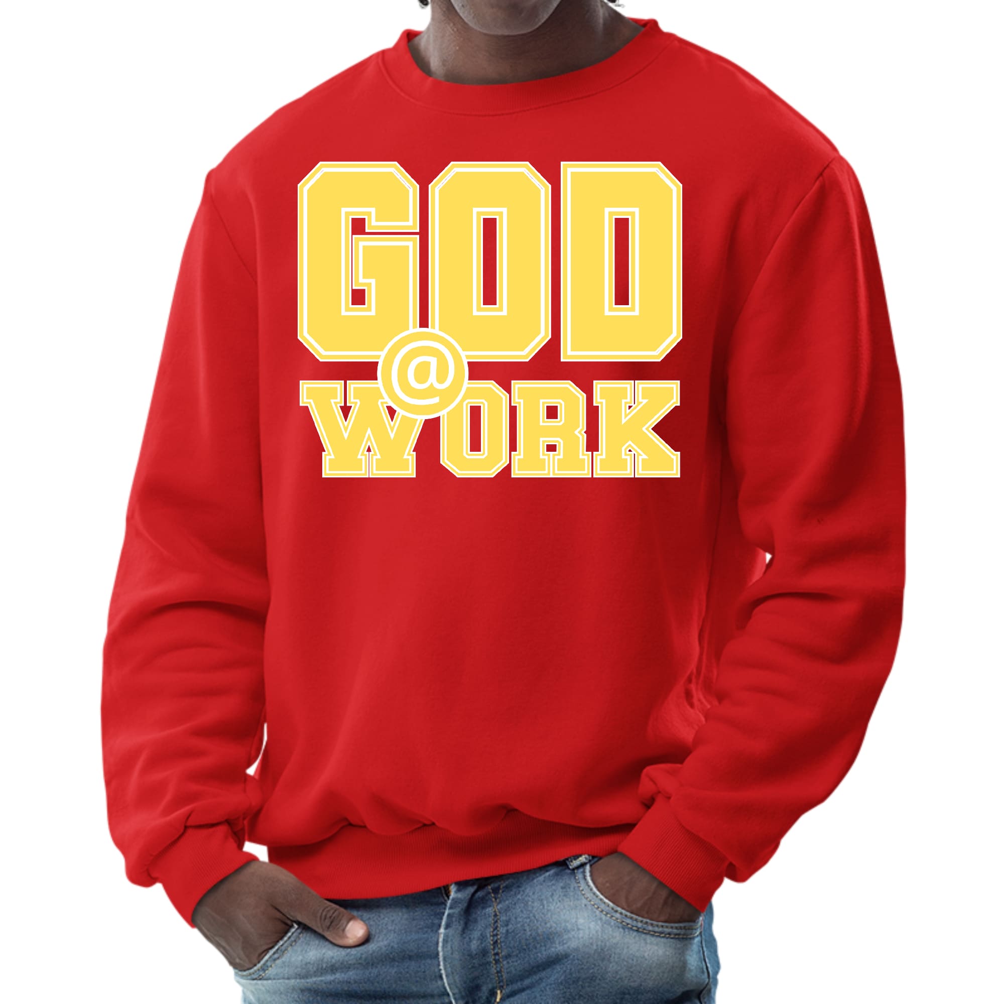 Men's graphic sweatshirt featuring 'God @ Work' print in yellow and white, showcasing a stylish and comfortable design.