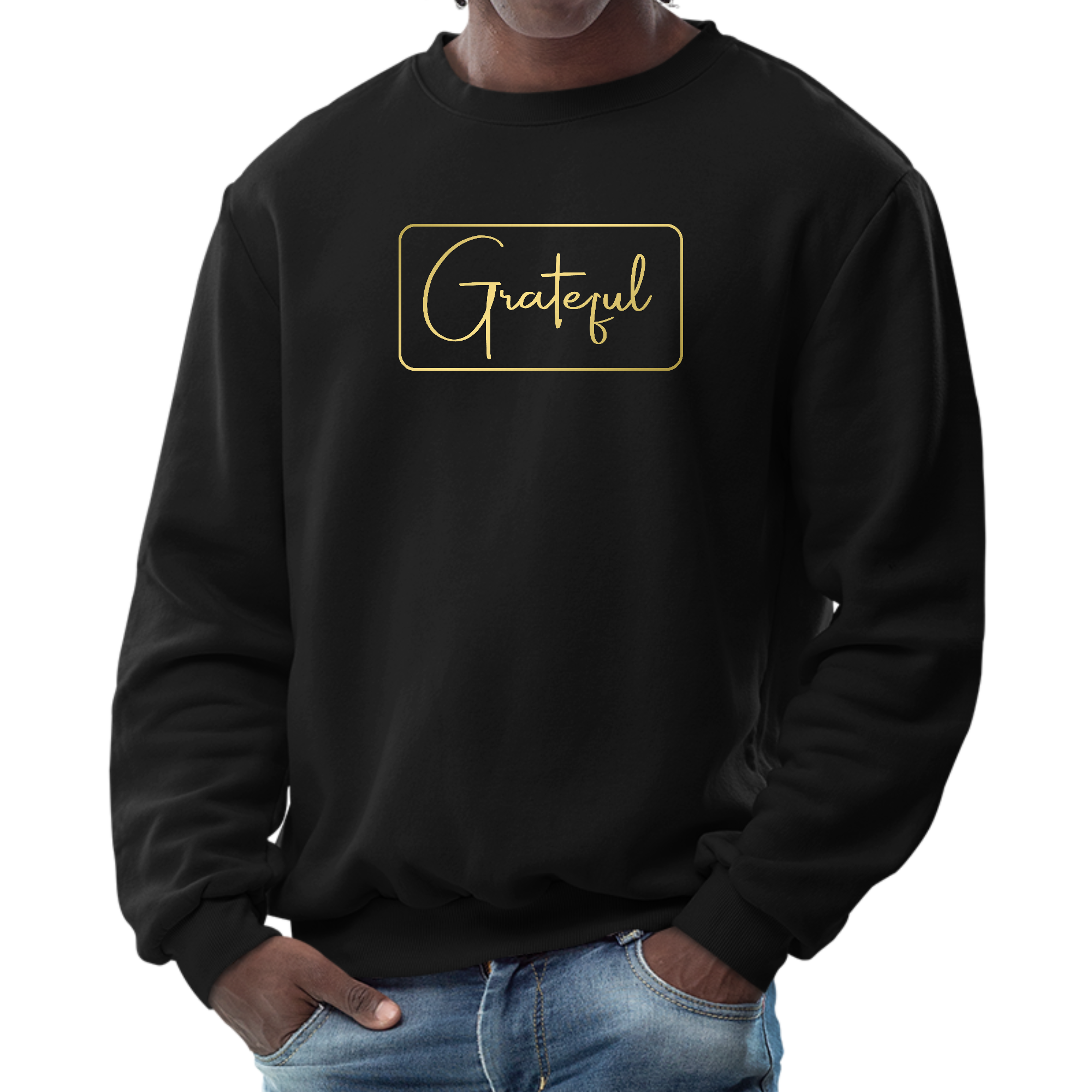 Men's long sleeve crewneck sweatshirt featuring a metallic gold Grateful illustration, designed for comfort and durability.