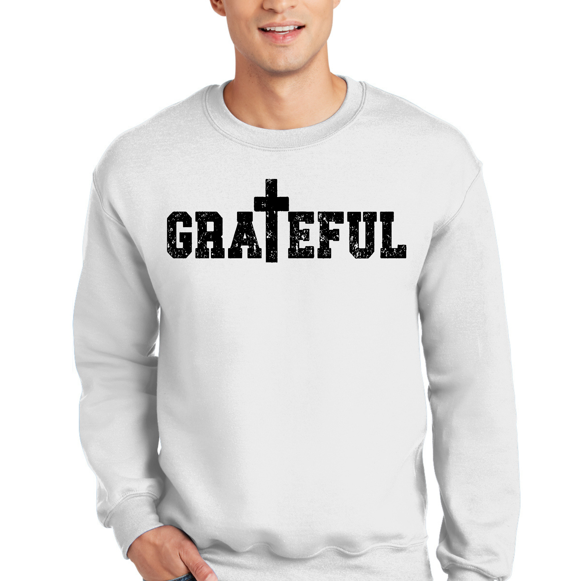 Men's graphic sweatshirt featuring a Grateful print, showcasing a soft fabric and unisex fit.