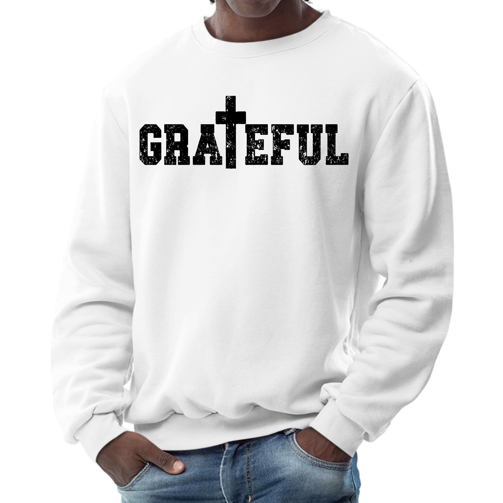 Men's graphic sweatshirt featuring a Grateful print, showcasing a soft fabric and unisex fit.