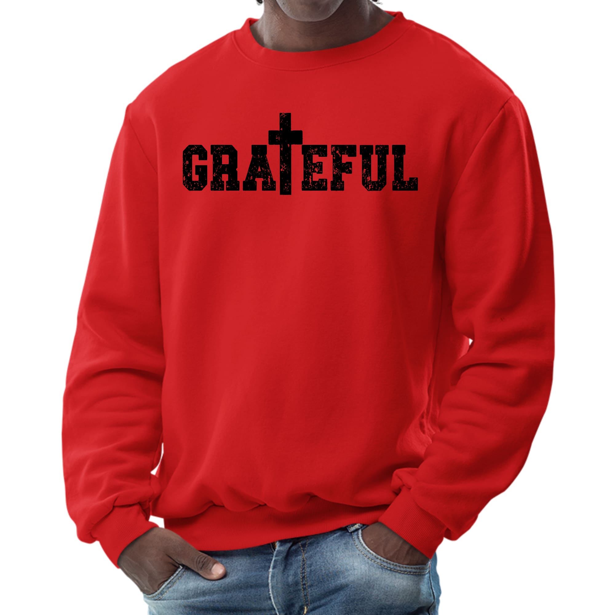 Men's graphic sweatshirt featuring a Grateful print, showcasing a soft fabric and unisex fit.