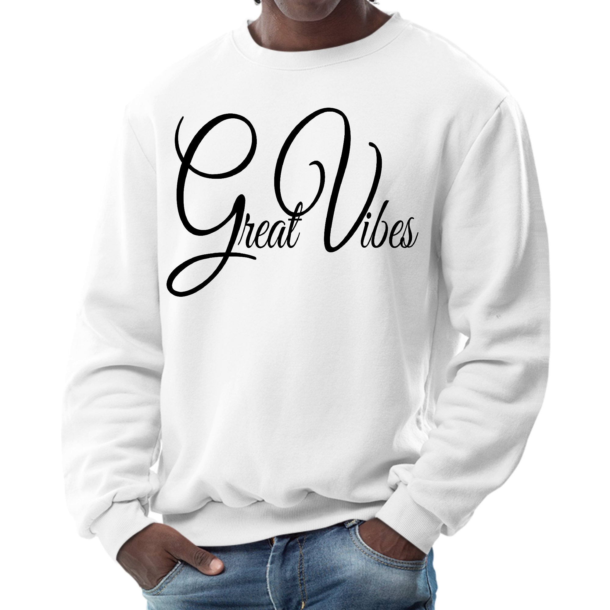 Men's Graphic Sweatshirt featuring Great Vibes black illustration, showcasing a stylish and comfortable long sleeve design.
