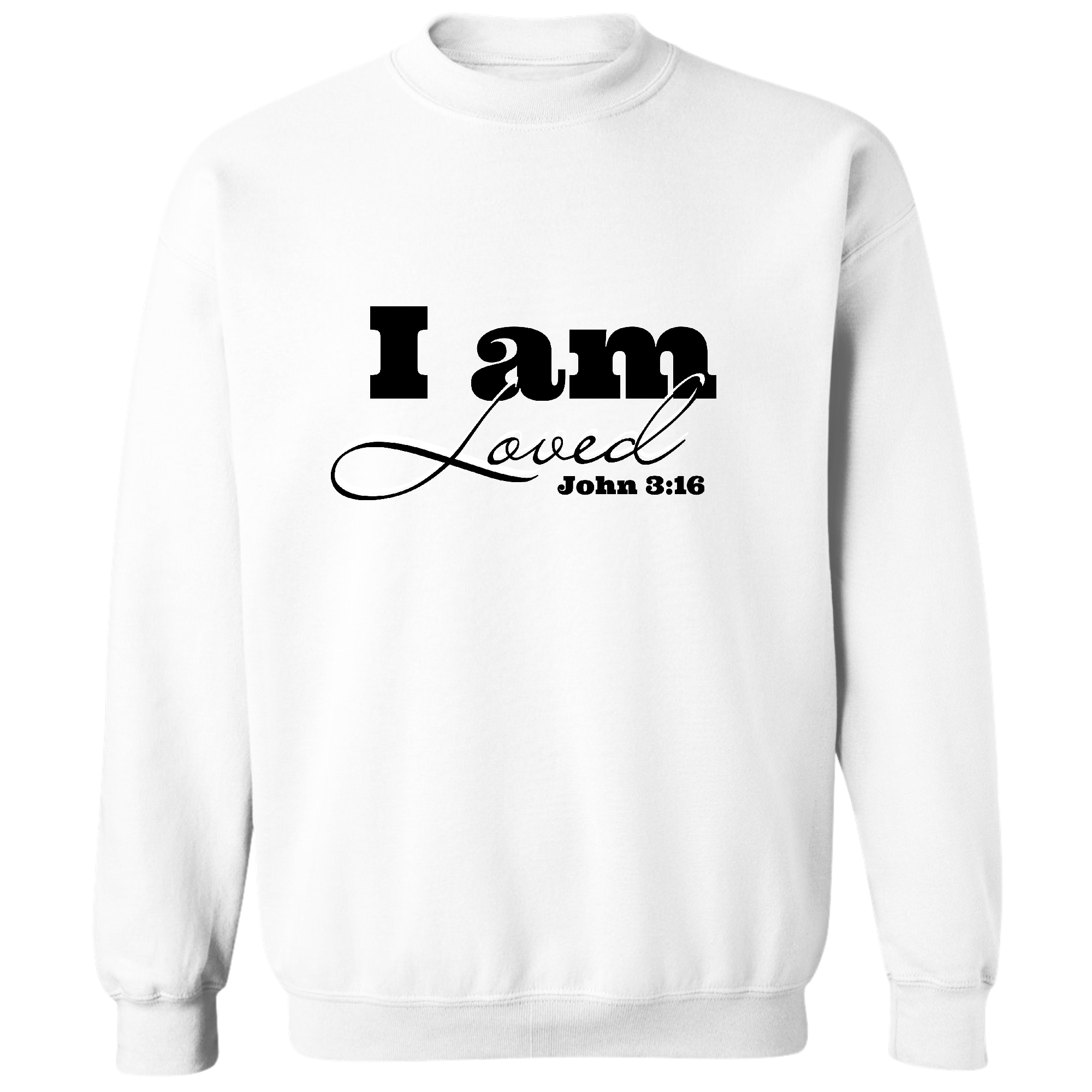 Men's black graphic sweatshirt featuring 'I Am Loved' - John 3:16 illustration, showcasing a comfortable crewneck design.