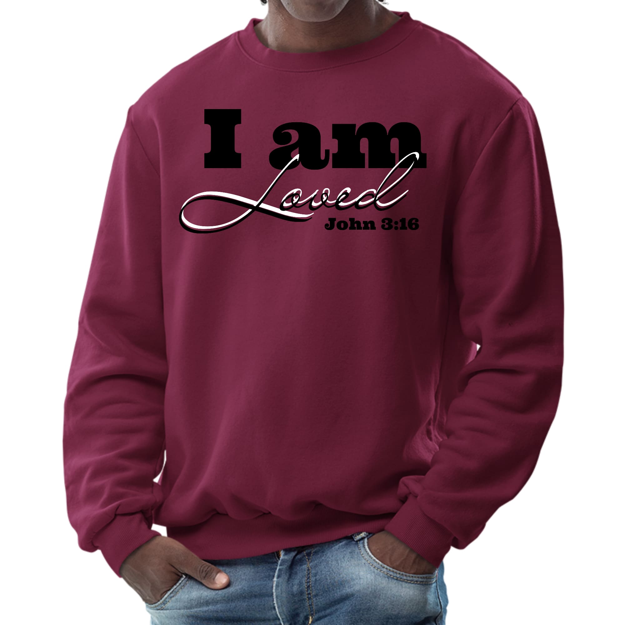 Men's black graphic sweatshirt featuring 'I Am Loved' - John 3:16 illustration, showcasing a comfortable crewneck design.