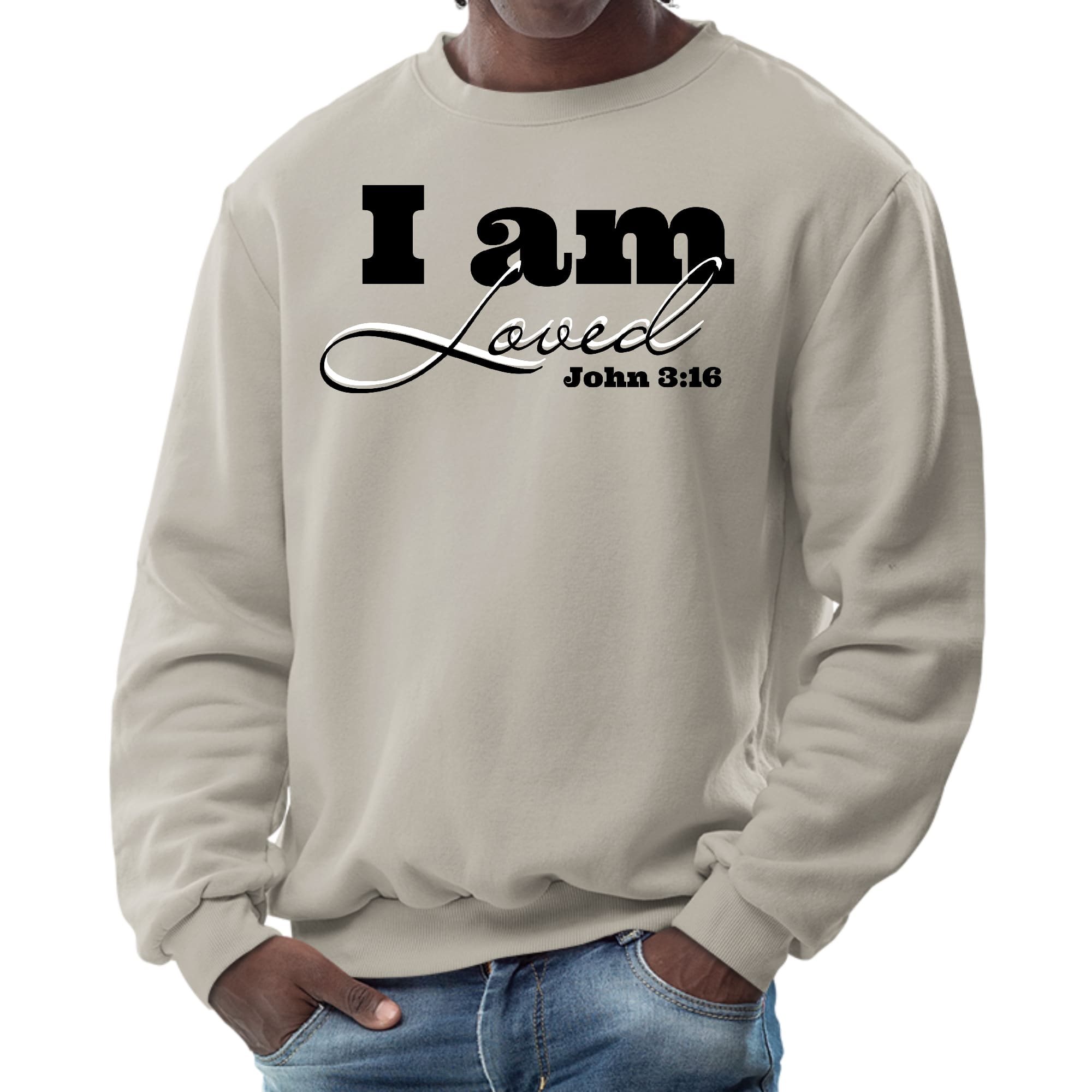 Men's black graphic sweatshirt featuring 'I Am Loved' - John 3:16 illustration, showcasing a comfortable crewneck design.