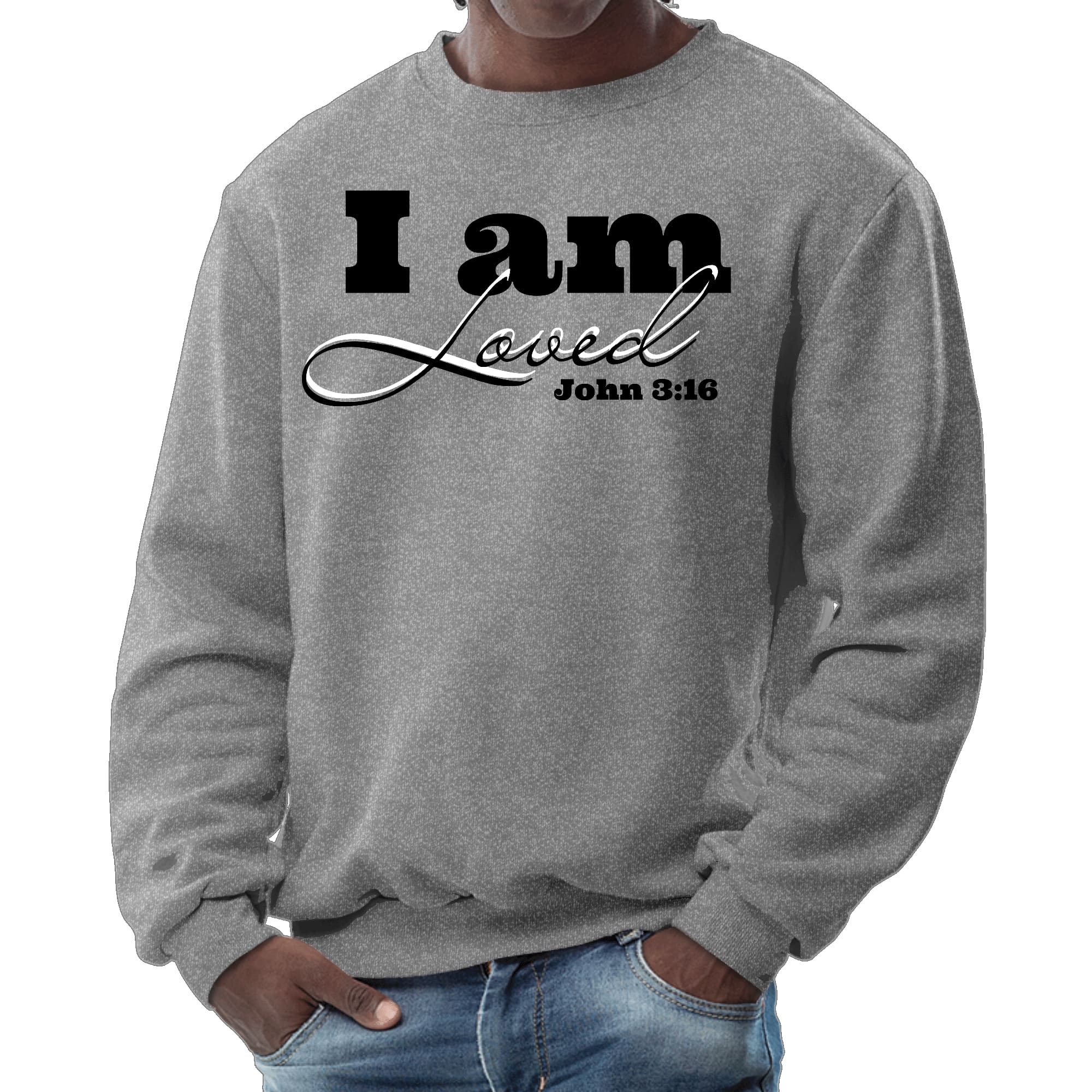 Men's black graphic sweatshirt featuring 'I Am Loved' - John 3:16 illustration, showcasing a comfortable crewneck design.