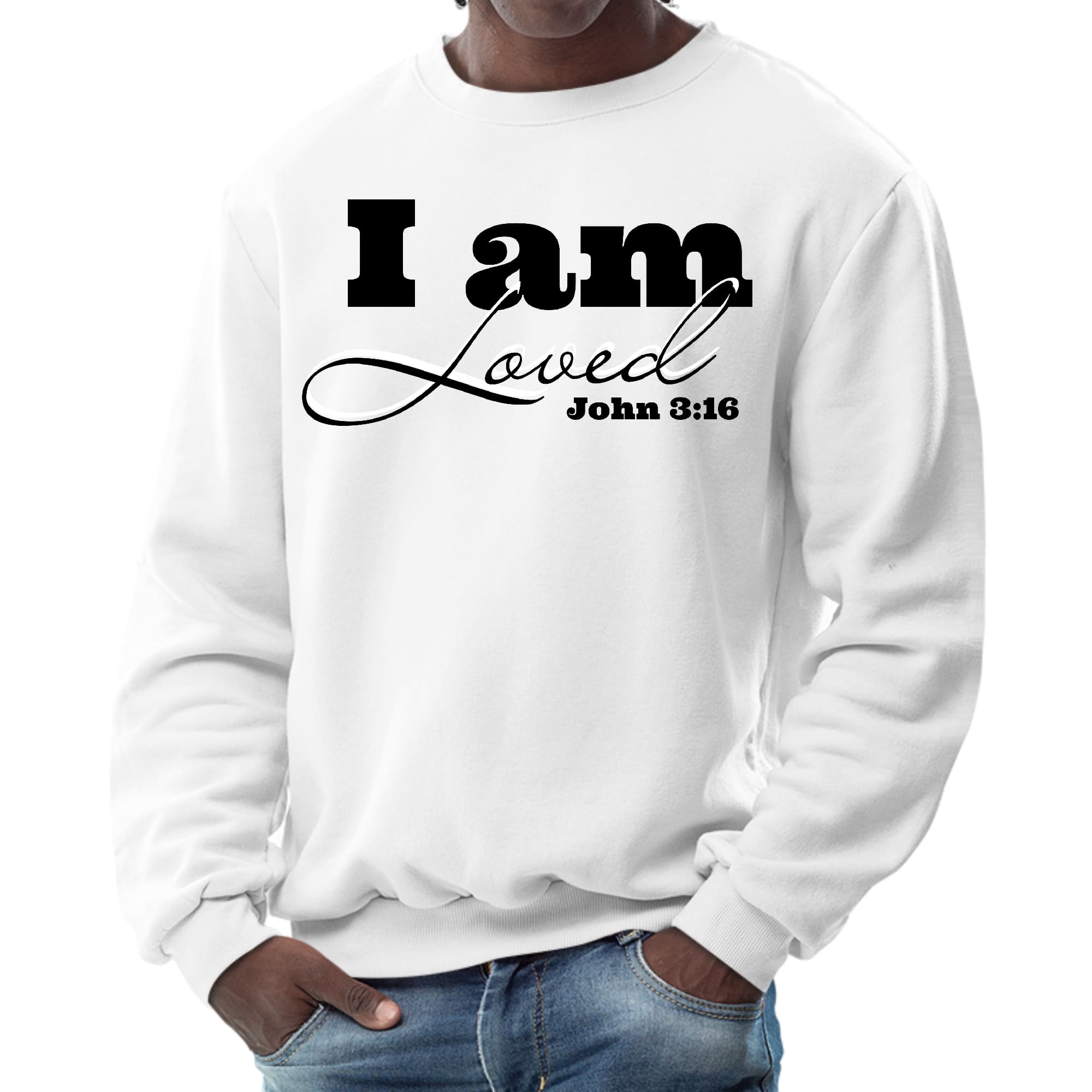 Men's black graphic sweatshirt featuring 'I Am Loved' - John 3:16 illustration, showcasing a comfortable crewneck design.