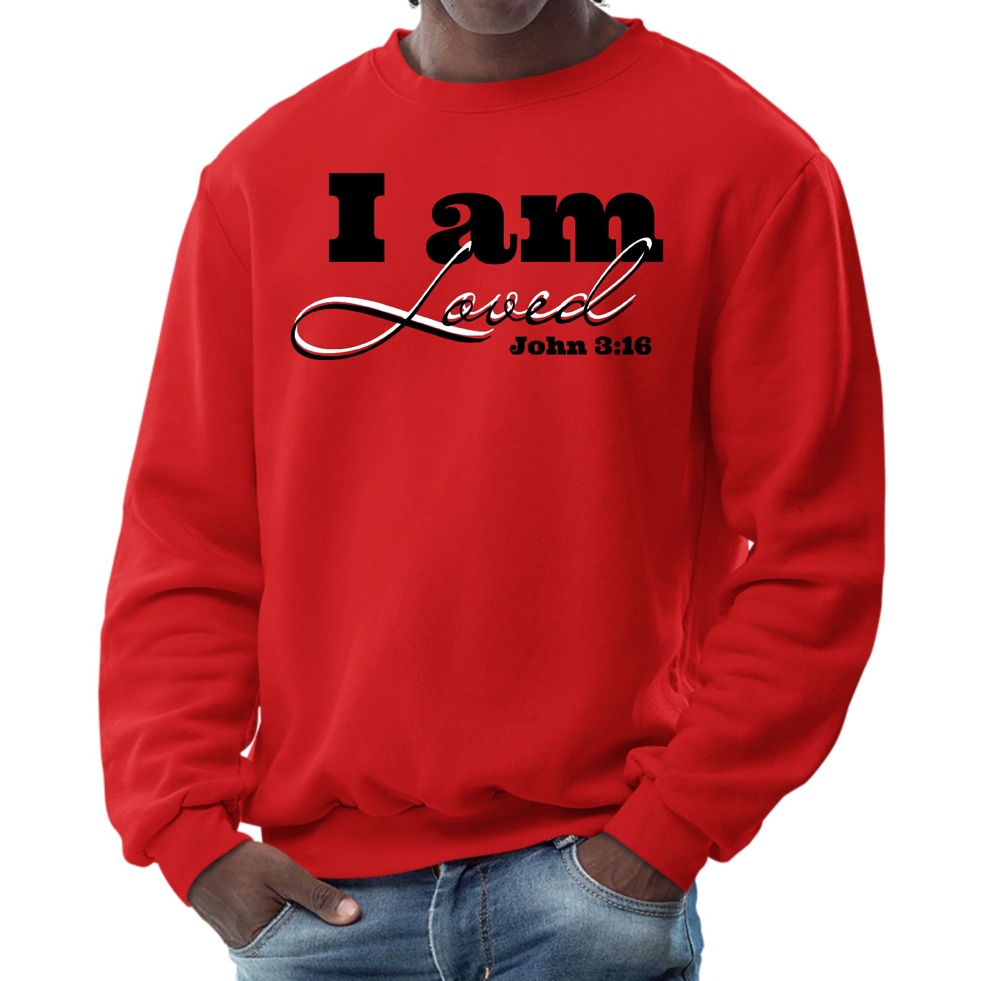 Men's black graphic sweatshirt featuring 'I Am Loved' - John 3:16 illustration, showcasing a comfortable crewneck design.