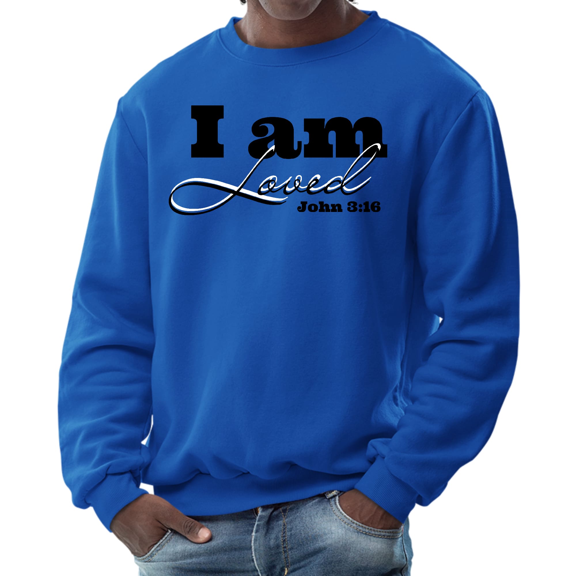 Men's black graphic sweatshirt featuring 'I Am Loved' - John 3:16 illustration, showcasing a comfortable crewneck design.