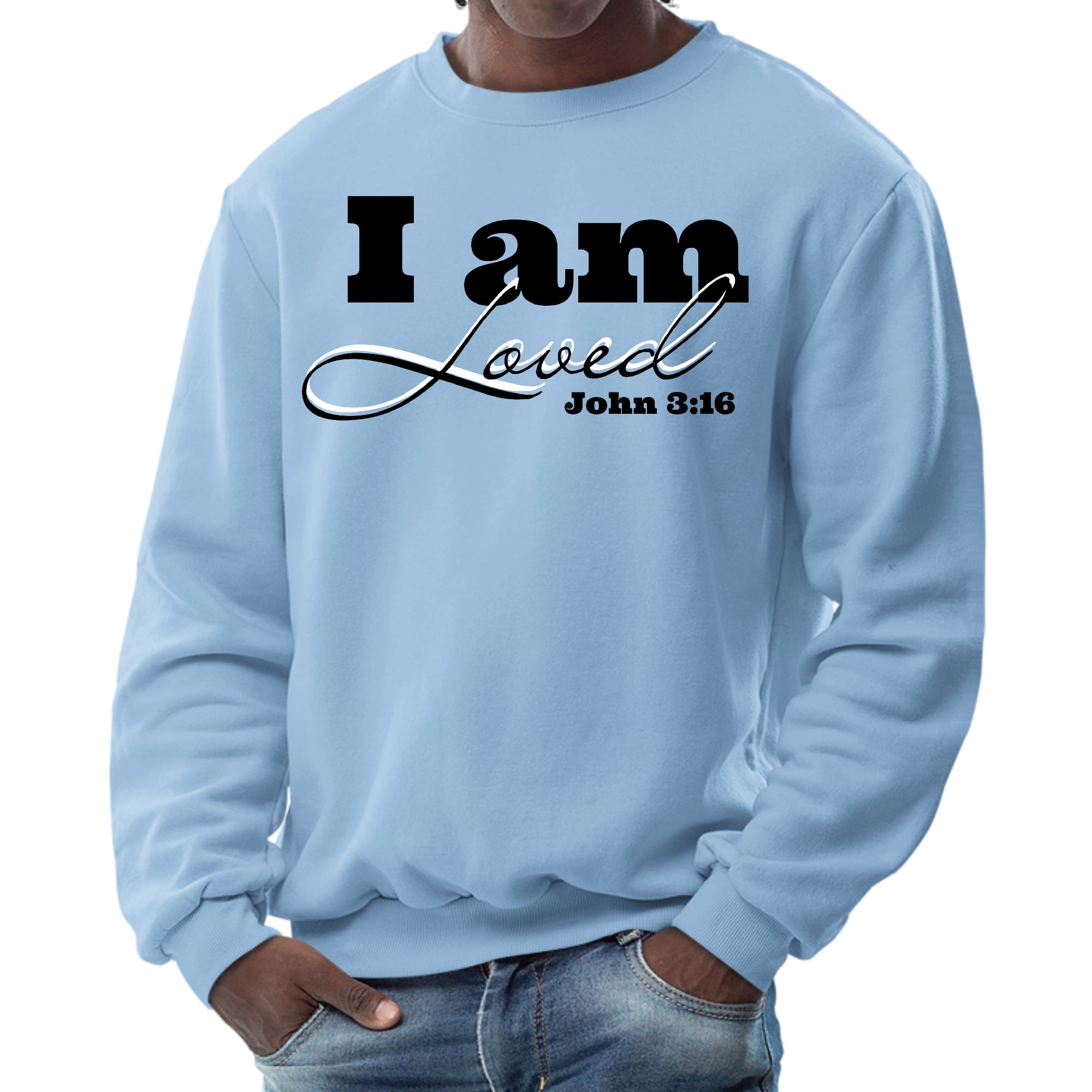 Men's black graphic sweatshirt featuring 'I Am Loved' - John 3:16 illustration, showcasing a comfortable crewneck design.