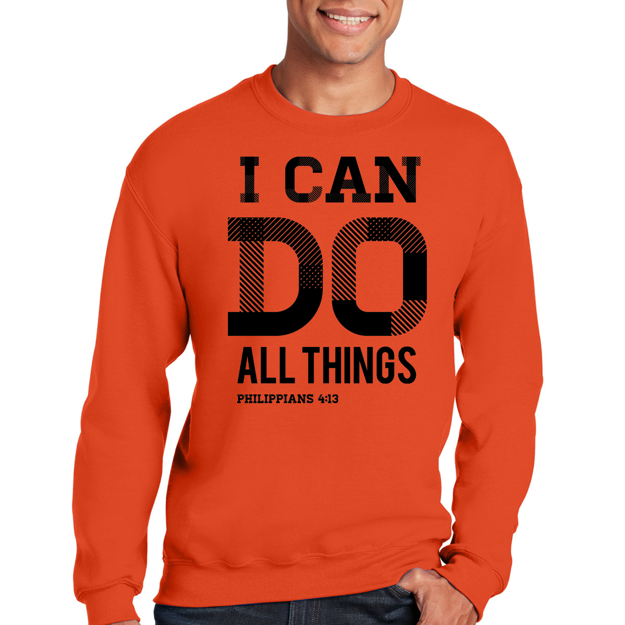 Men's black graphic sweatshirt featuring Philippians 4:13 scripture print, showcasing a comfortable crewneck design.