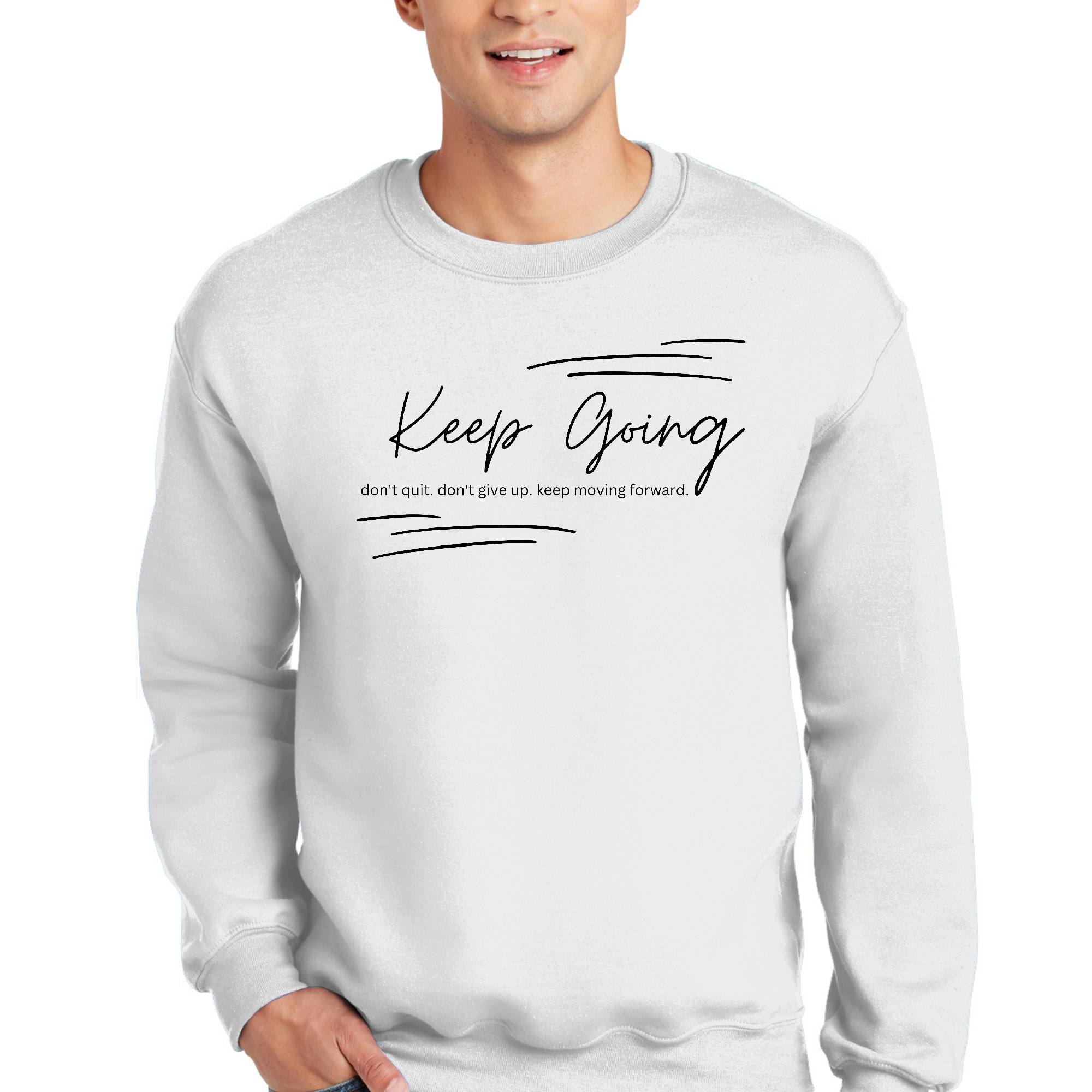 Men's black graphic sweatshirt with 'Keep Going Don't Give Up' inspirational message, featuring long sleeves and ribbed details.