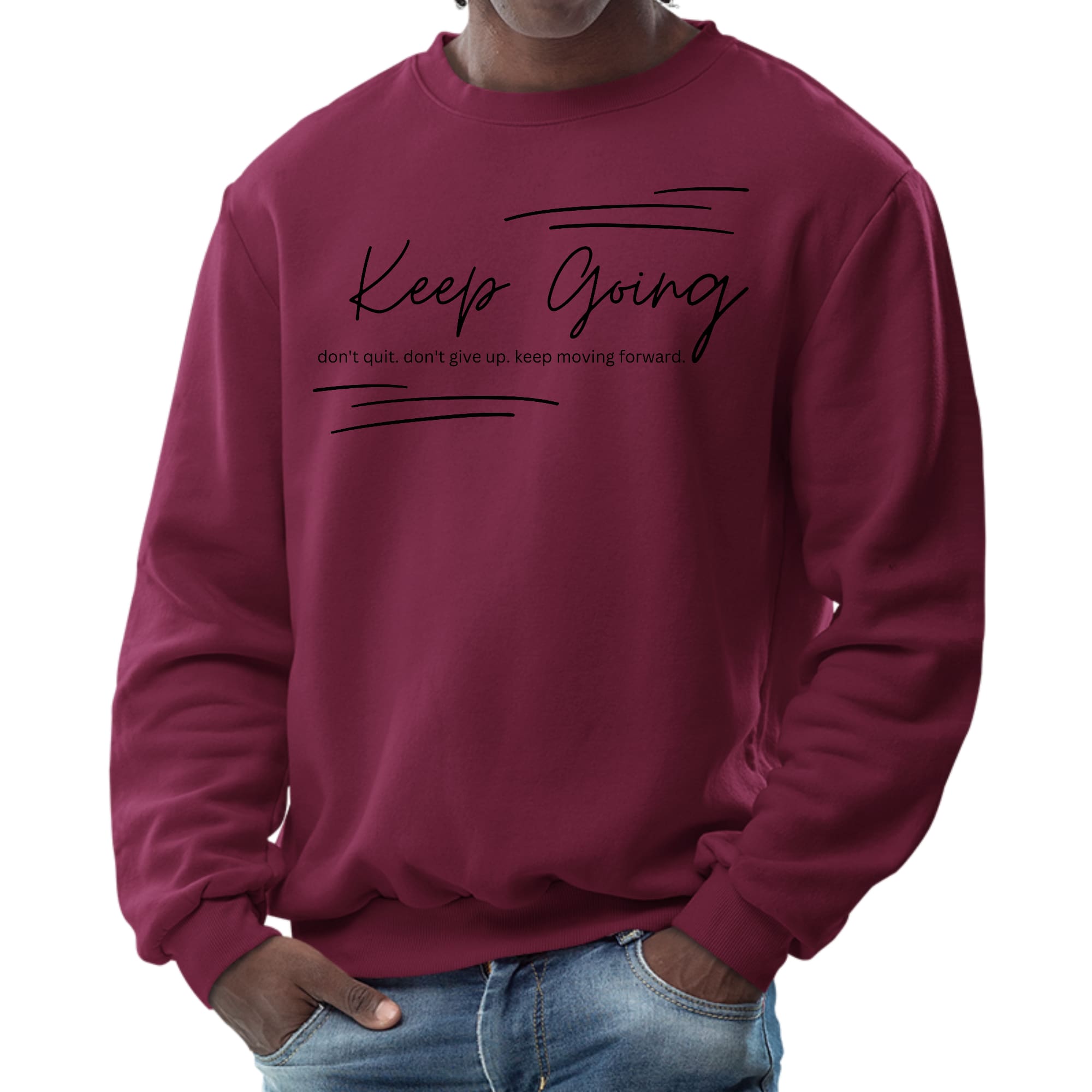 Men's black graphic sweatshirt with 'Keep Going Don't Give Up' inspirational message, featuring long sleeves and ribbed details.