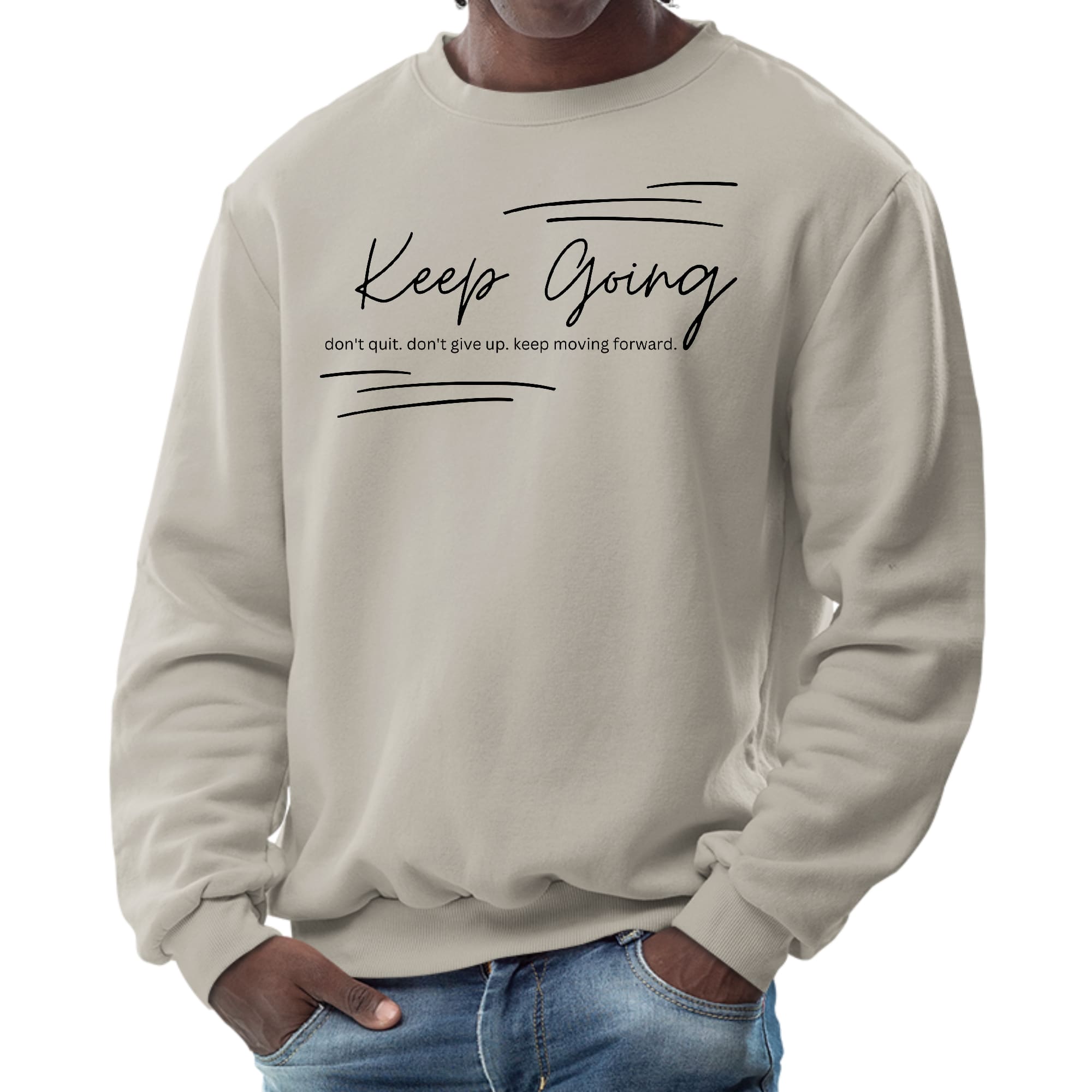 Men's black graphic sweatshirt with 'Keep Going Don't Give Up' inspirational message, featuring long sleeves and ribbed details.