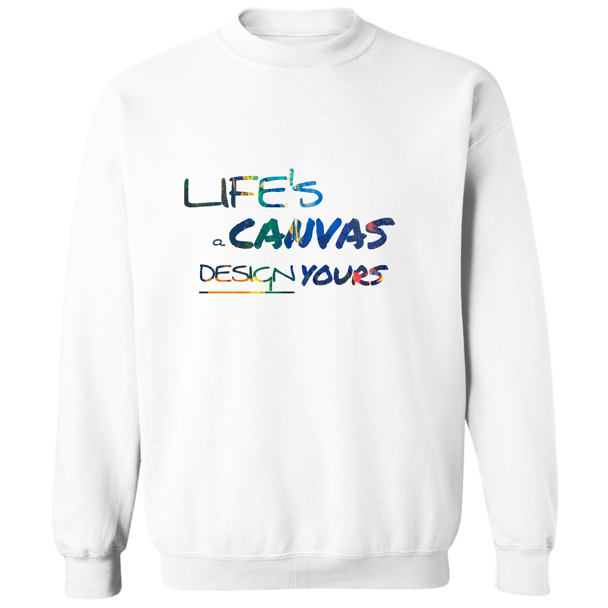 Men's Graphic Sweatshirt featuring 'Life's a Canvas' multicolor design, showcasing a comfortable crewneck style with ribbed details.