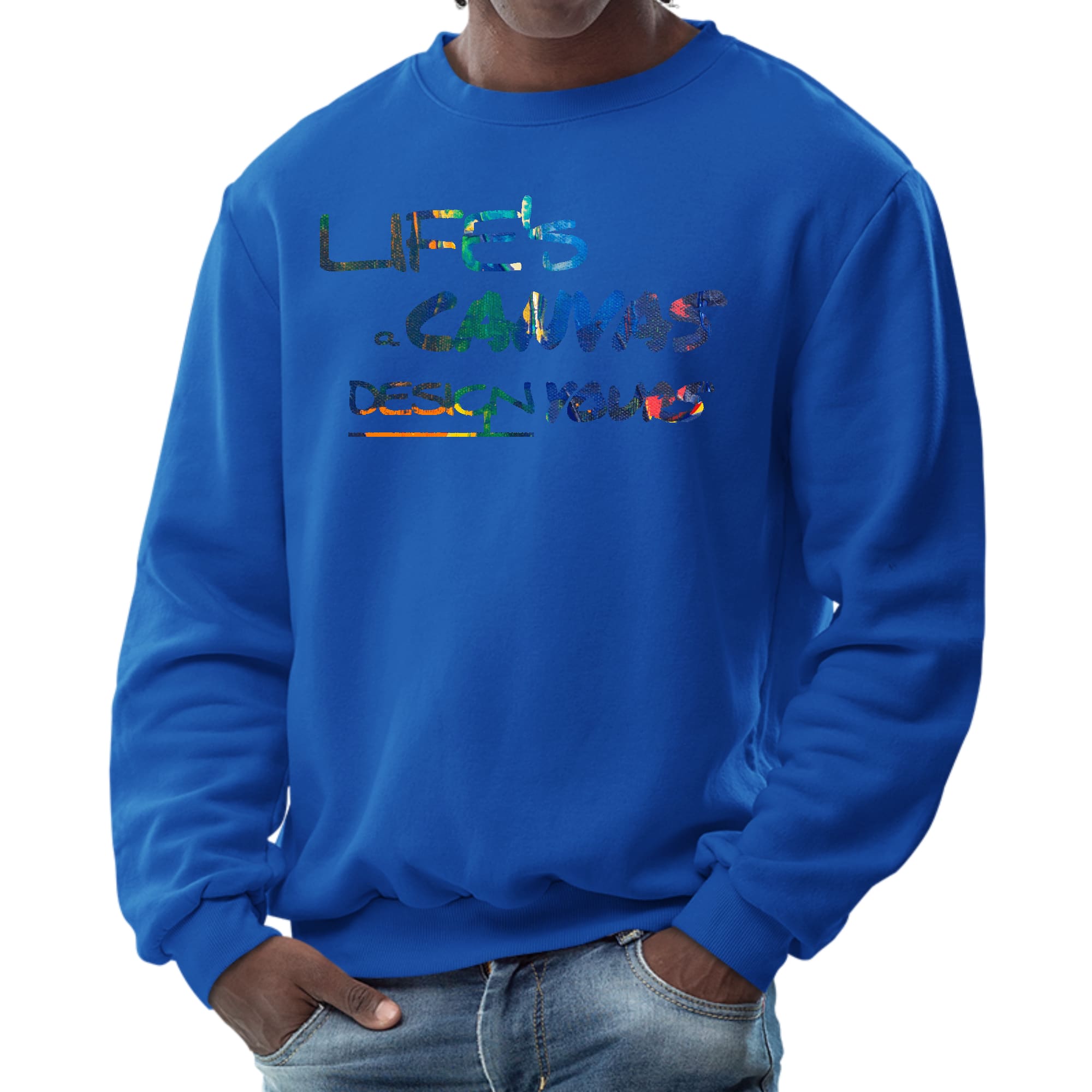 Men's Graphic Sweatshirt featuring 'Life's a Canvas' multicolor design, showcasing a comfortable crewneck style with ribbed details.