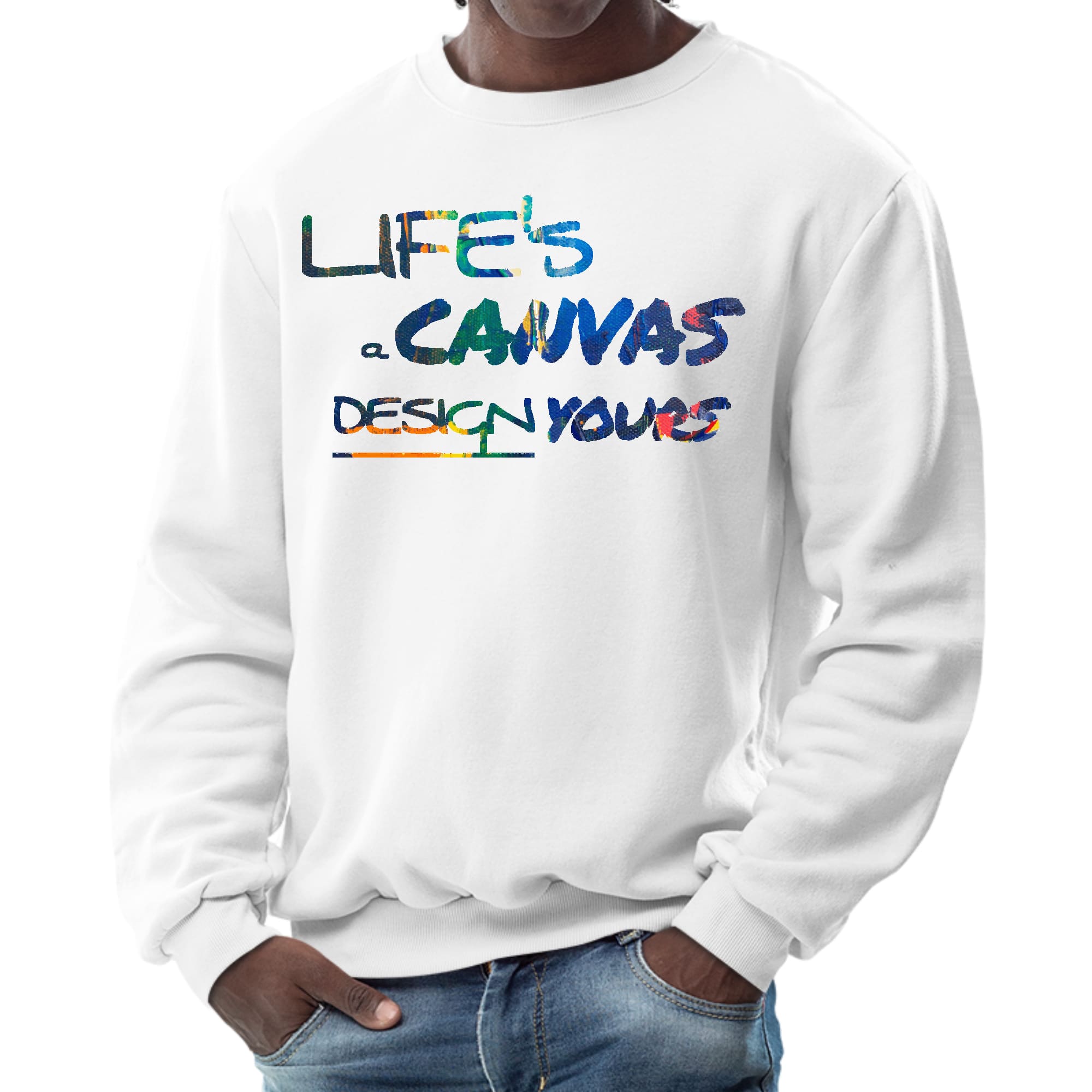 Men's Graphic Sweatshirt featuring 'Life's a Canvas' multicolor design, showcasing a comfortable crewneck style with ribbed details.