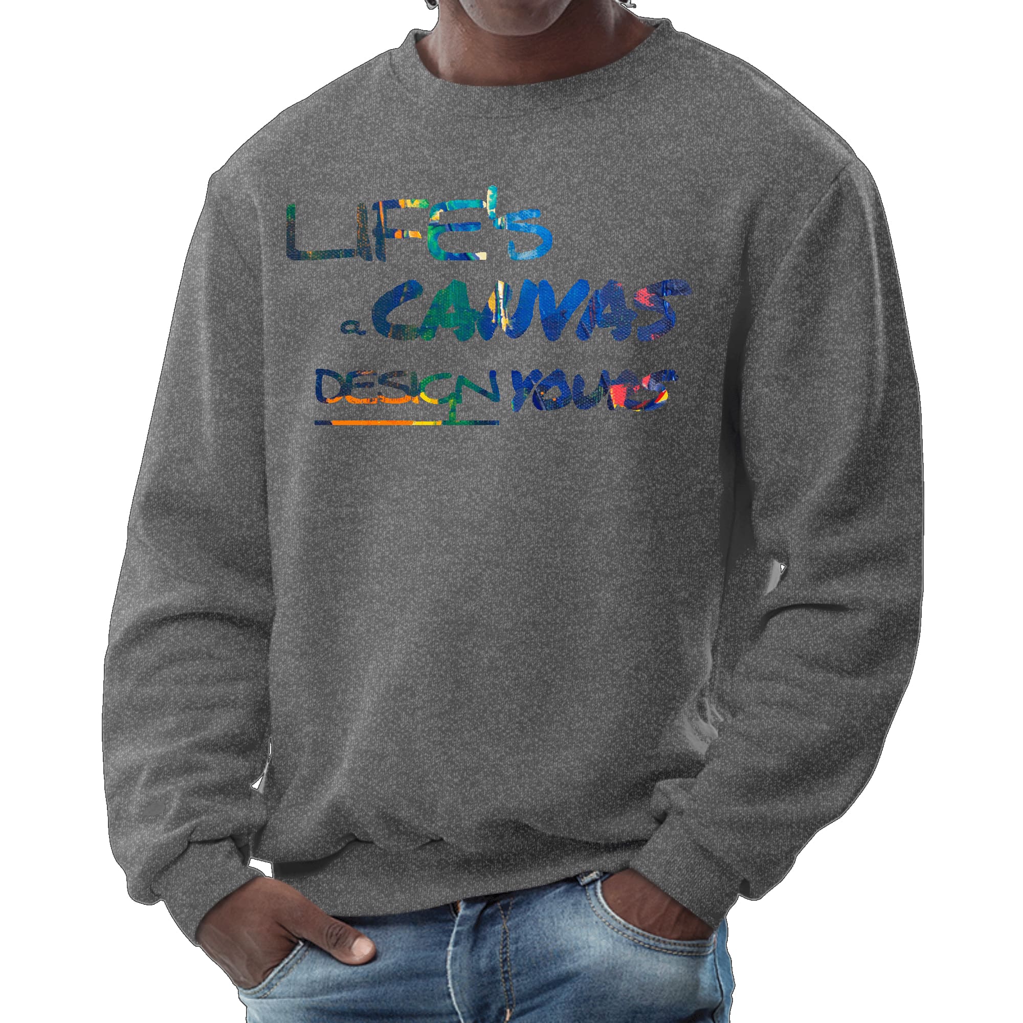 Men's Graphic Sweatshirt featuring 'Life's a Canvas' multicolor design, showcasing a comfortable crewneck style with ribbed details.