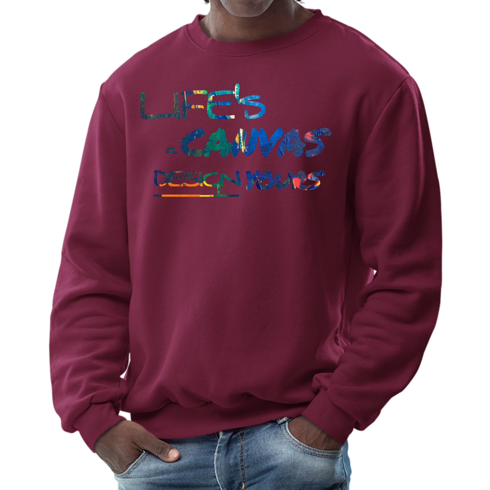 Men's Graphic Sweatshirt featuring 'Life's a Canvas' multicolor design, showcasing a comfortable crewneck style with ribbed details.