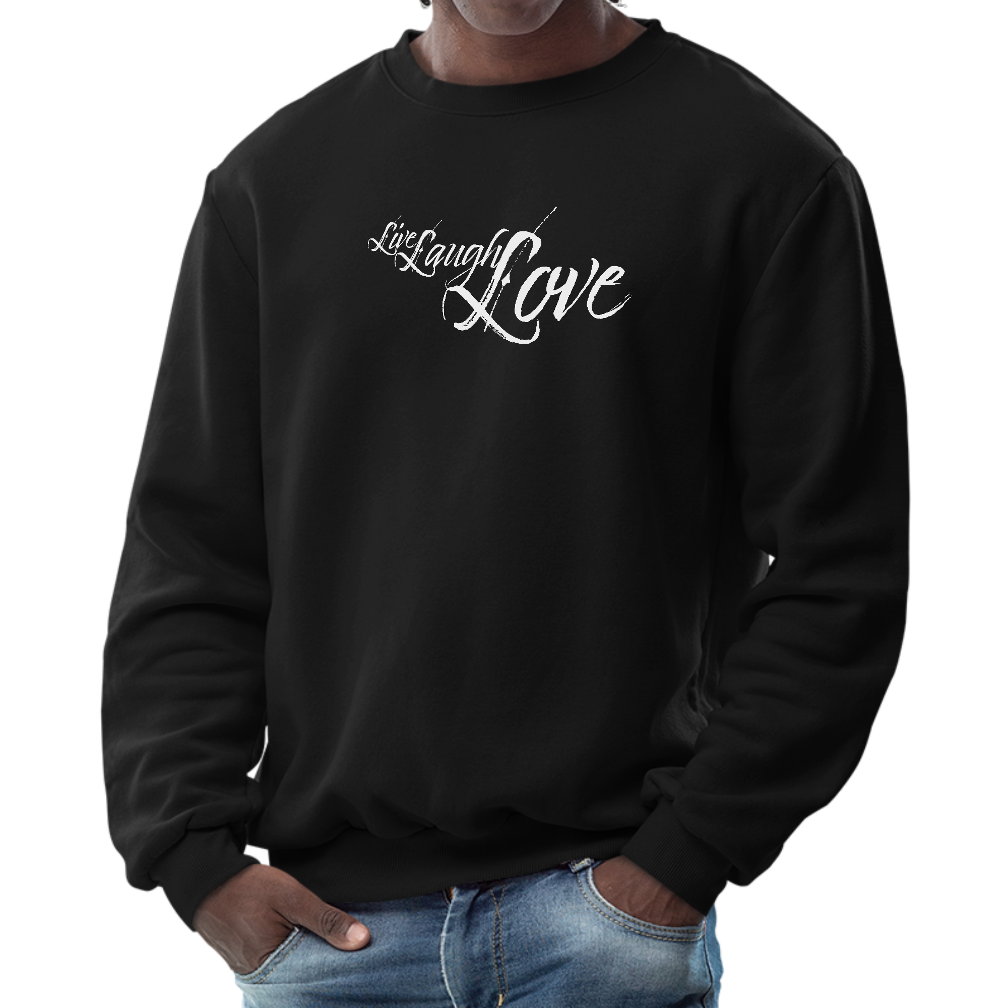 Men's light grey graphic sweatshirt with 'Live Laugh Love' illustration, featuring long sleeves and ribbed details.