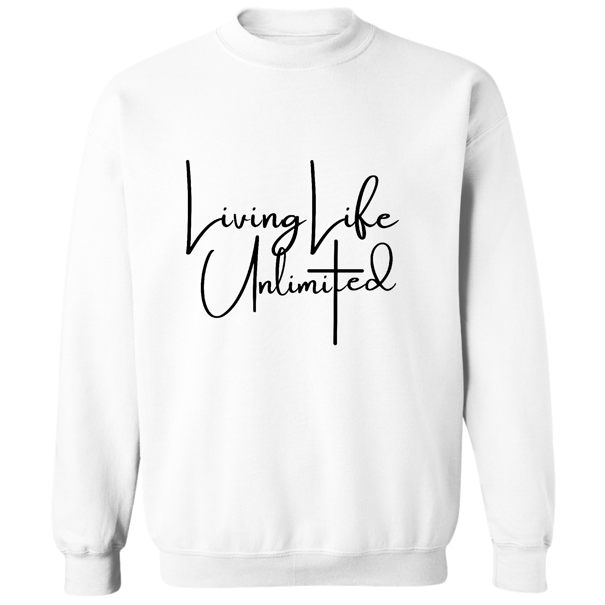 Mens Graphic Sweatshirt in black featuring the phrase 'Living Life Unlimited' with a comfortable crewneck design.
