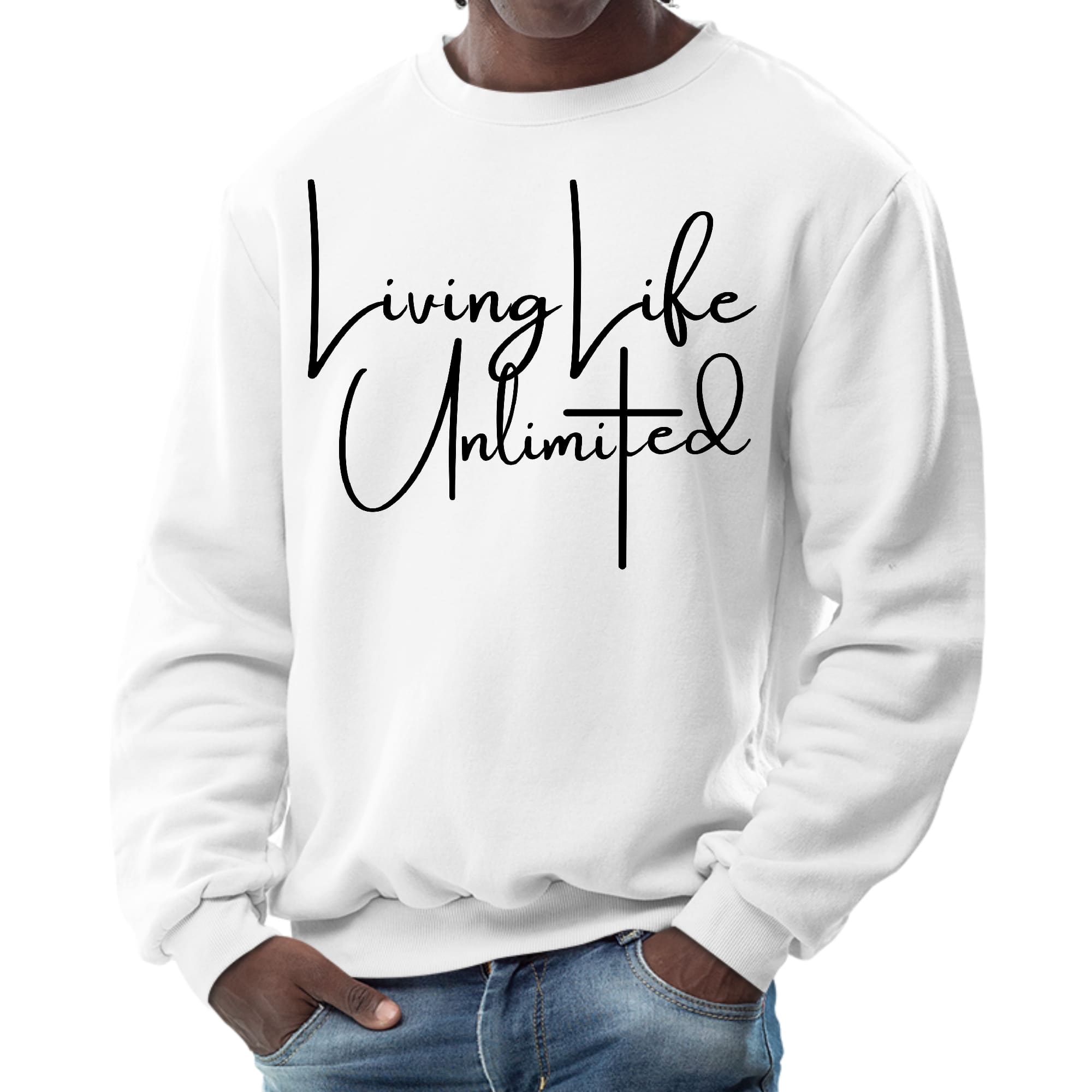 Mens Graphic Sweatshirt in black featuring the phrase 'Living Life Unlimited' with a comfortable crewneck design.