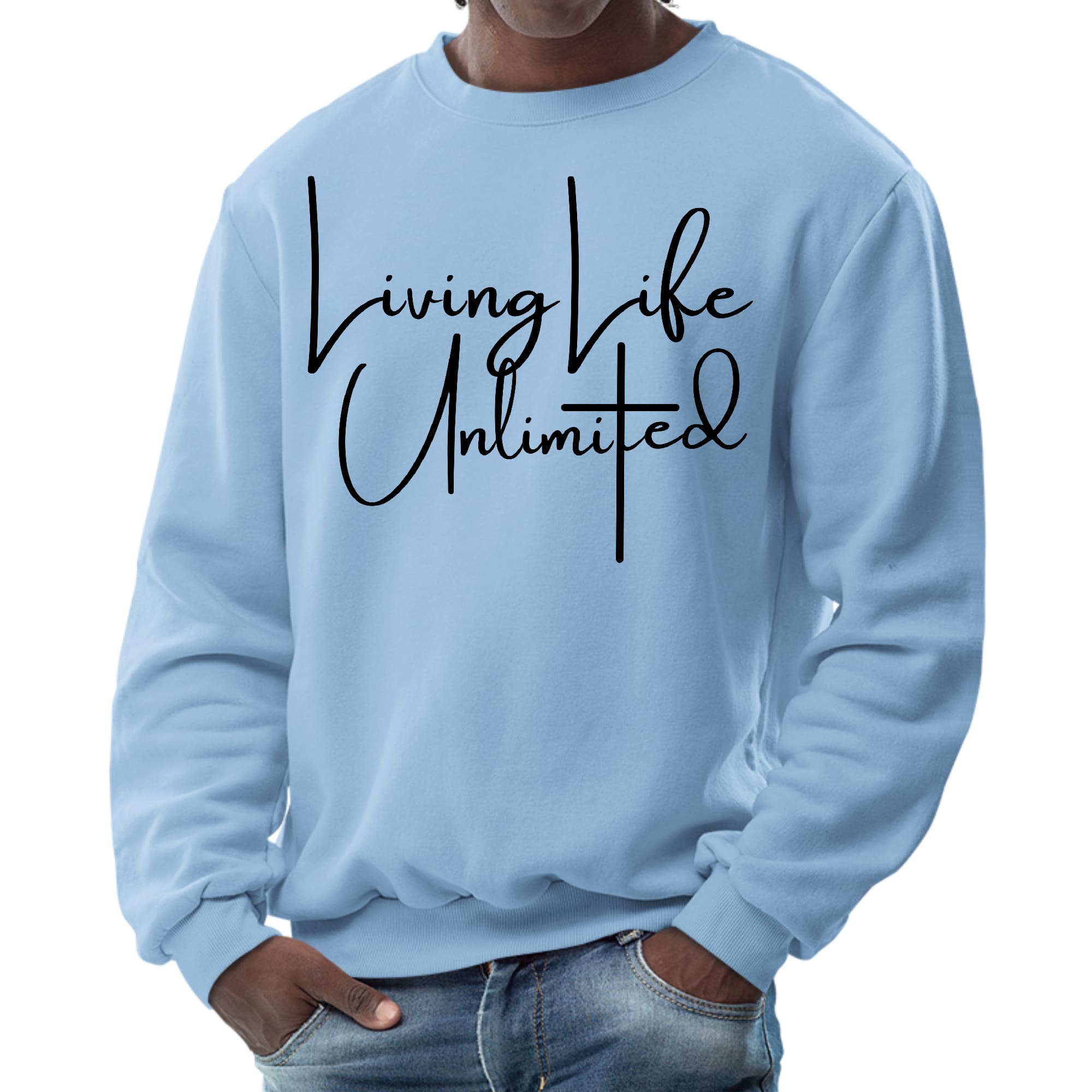 Mens Graphic Sweatshirt in black featuring the phrase 'Living Life Unlimited' with a comfortable crewneck design.