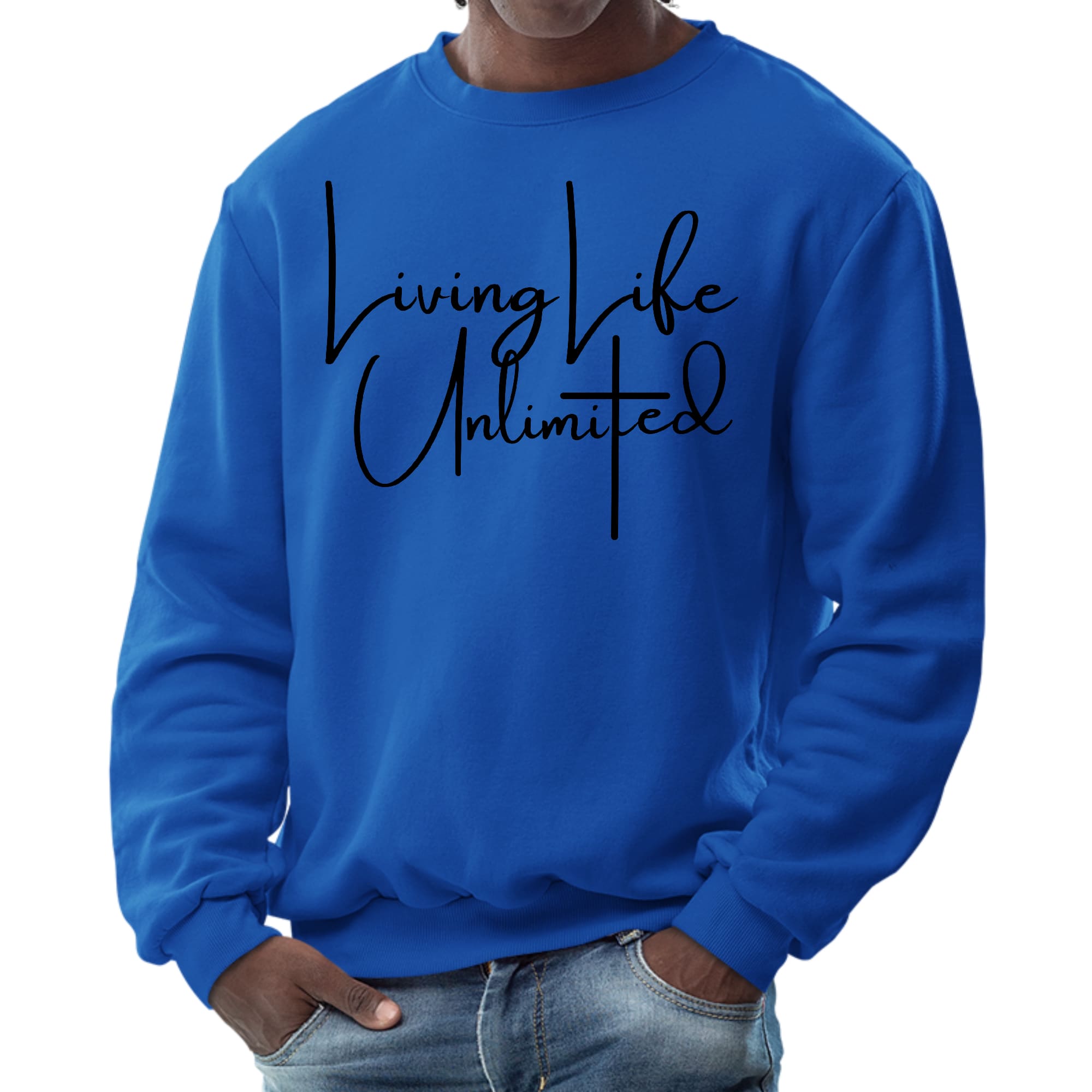 Mens Graphic Sweatshirt in black featuring the phrase 'Living Life Unlimited' with a comfortable crewneck design.