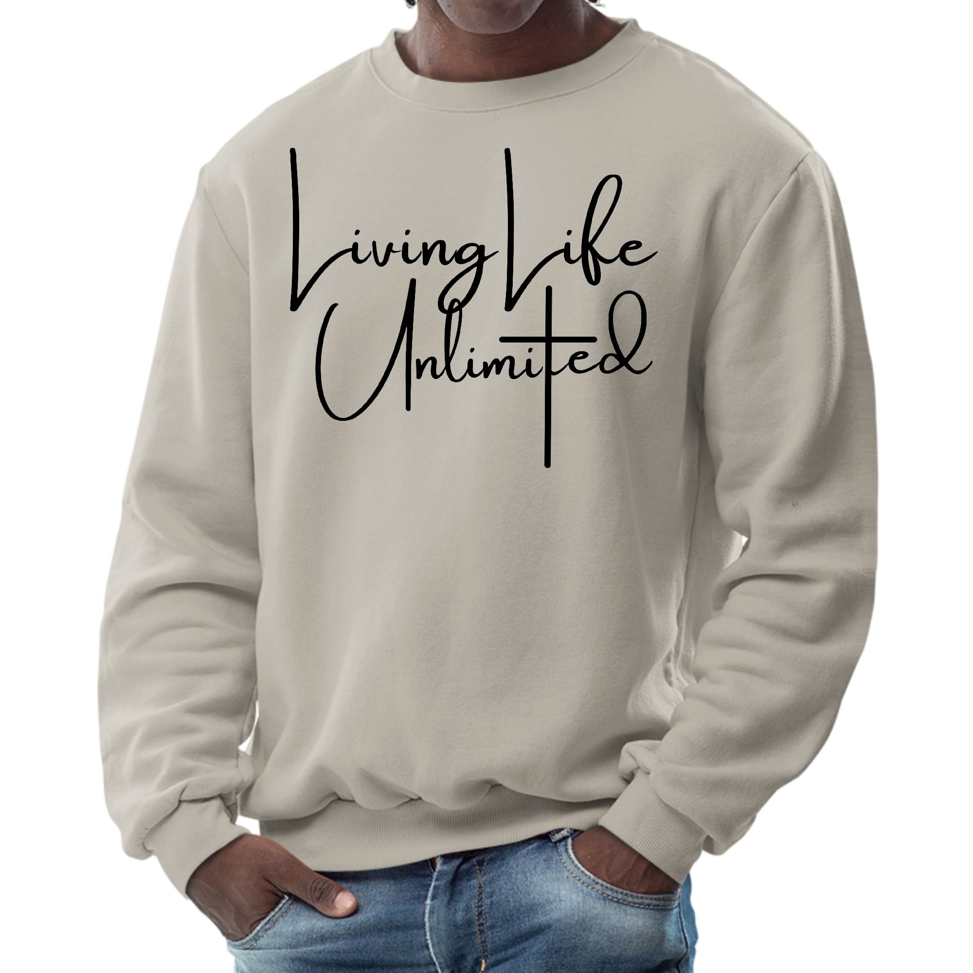 Mens Graphic Sweatshirt in black featuring the phrase 'Living Life Unlimited' with a comfortable crewneck design.