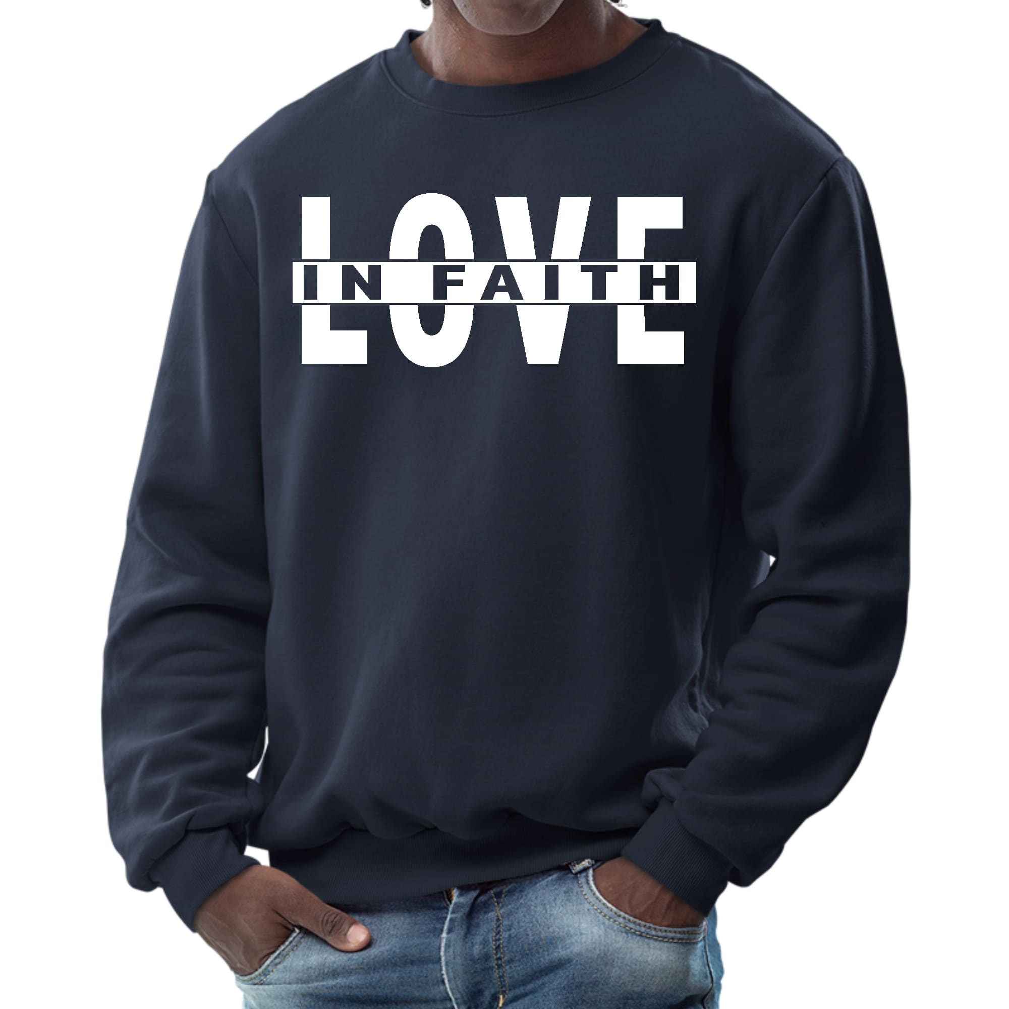 Men's Graphic Sweatshirt featuring 'Love in Faith' design, long sleeves, ribbed collar, and cuffs, made from durable cotton-polyester blend.