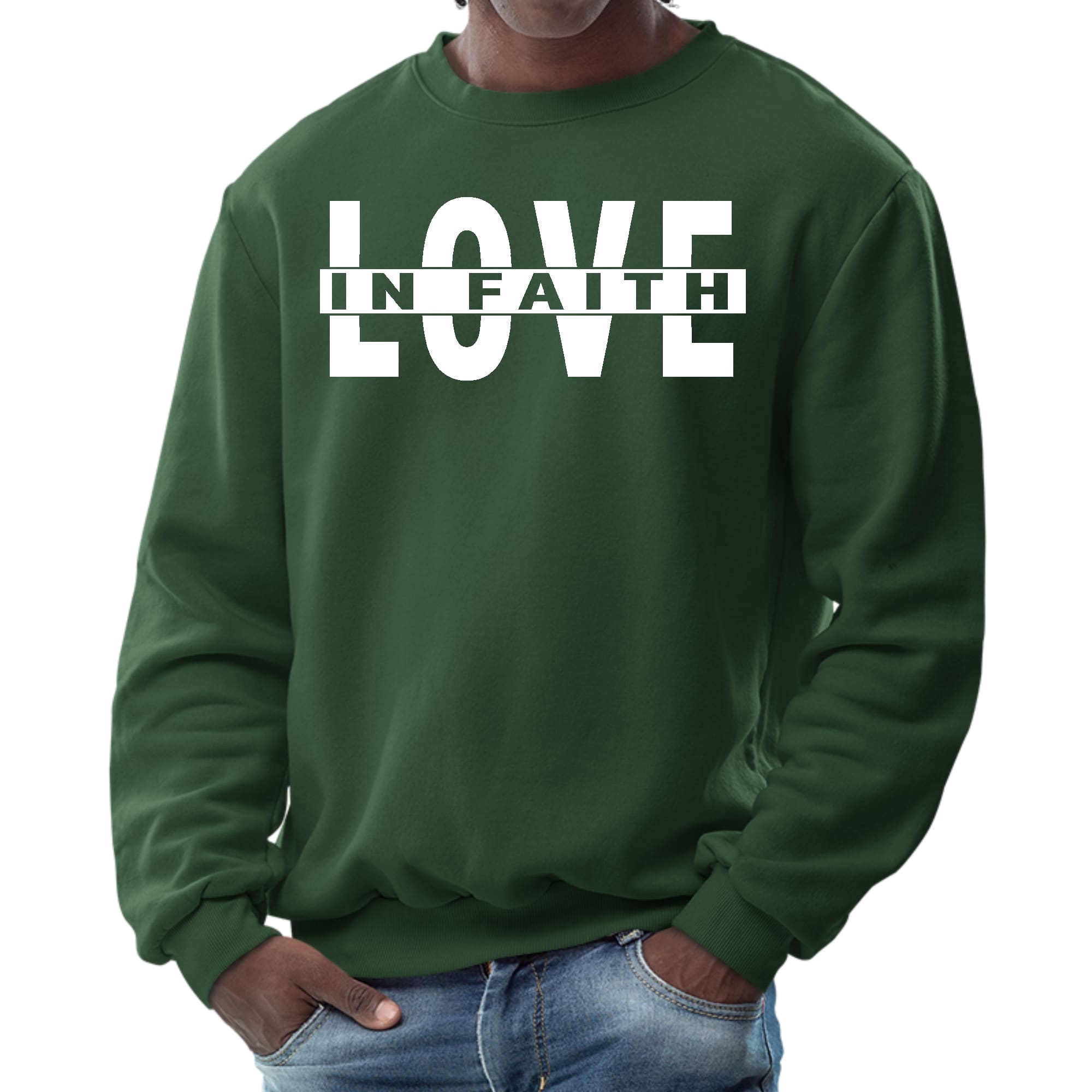 Men's Graphic Sweatshirt featuring 'Love in Faith' design, long sleeves, ribbed collar, and cuffs, made from durable cotton-polyester blend.