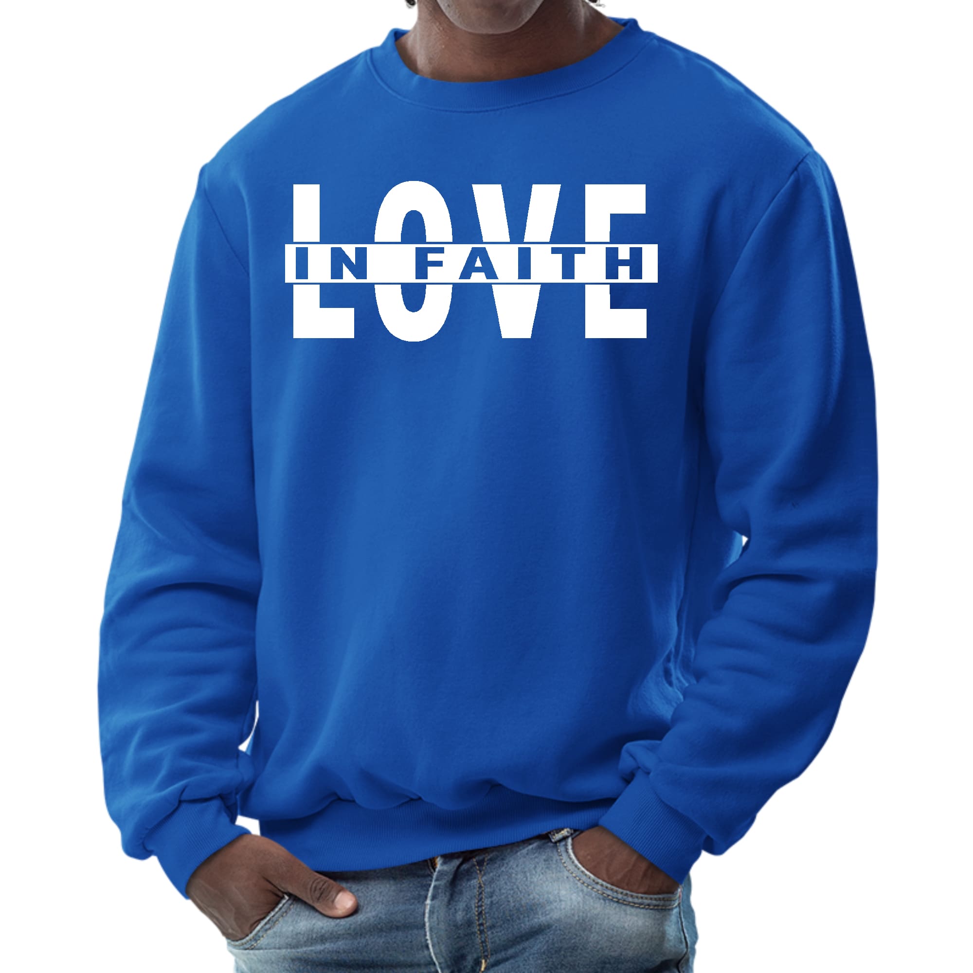 Men's Graphic Sweatshirt featuring 'Love in Faith' design, long sleeves, ribbed collar, and cuffs, made from durable cotton-polyester blend.