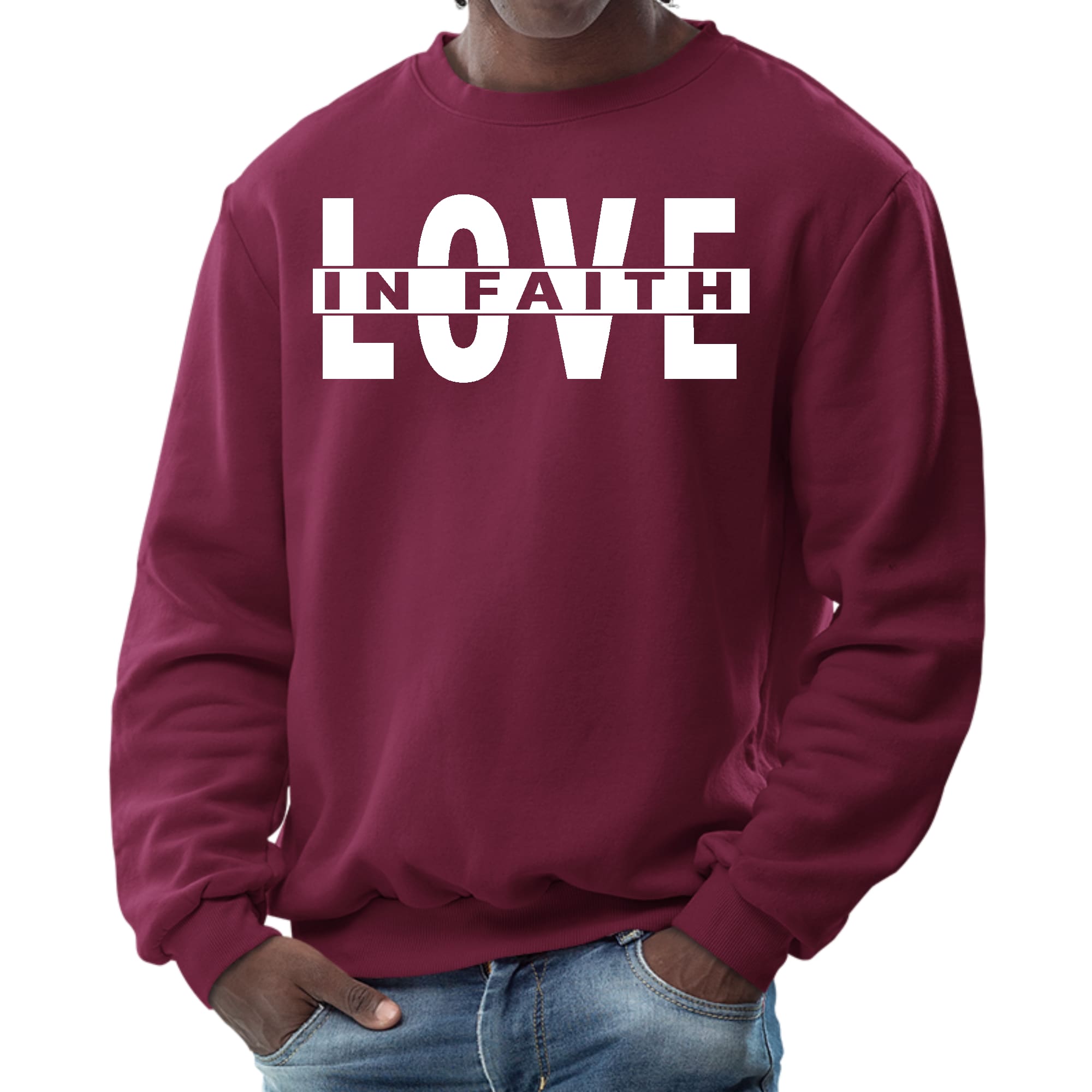 Men's Graphic Sweatshirt featuring 'Love in Faith' design, long sleeves, ribbed collar, and cuffs, made from durable cotton-polyester blend.