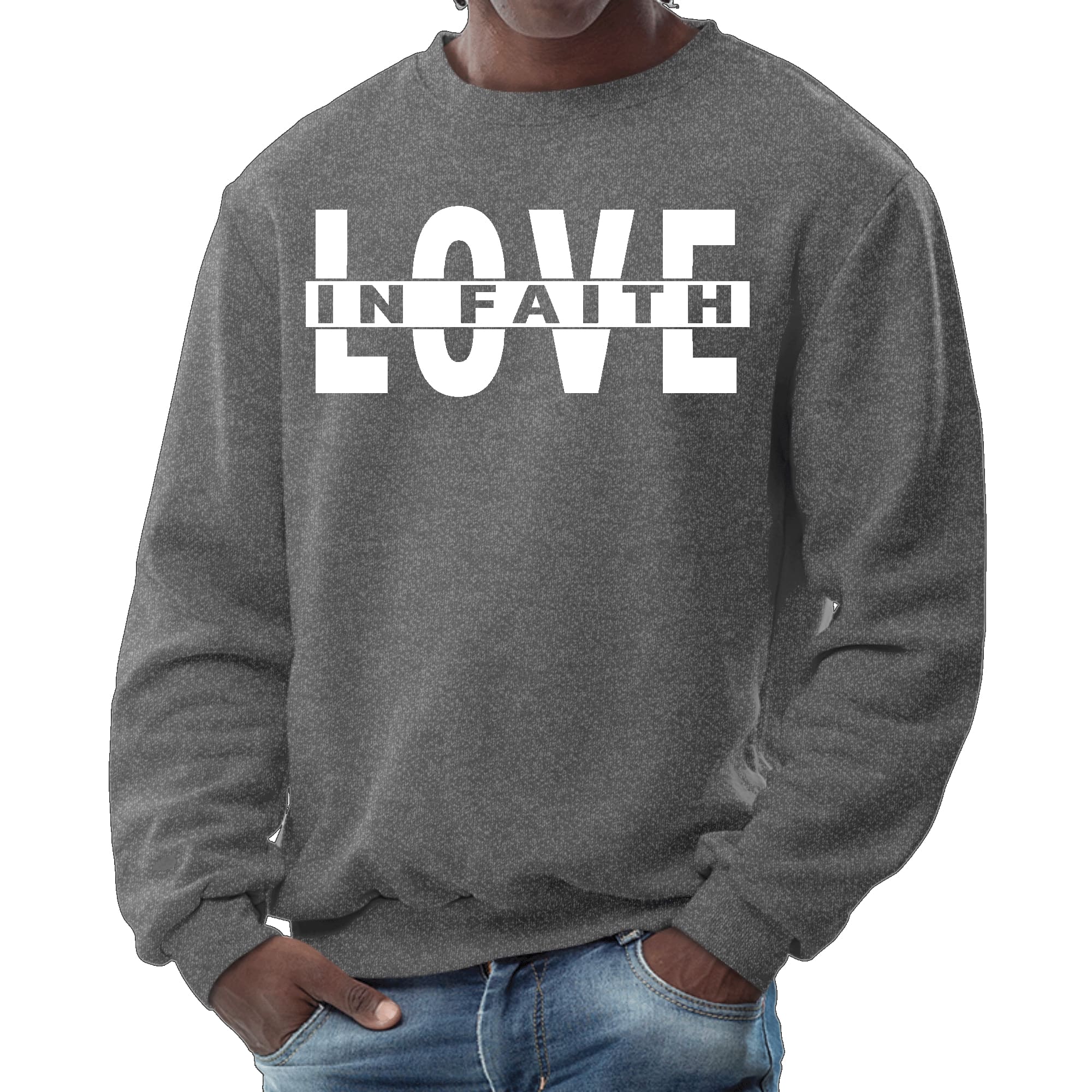 Men's Graphic Sweatshirt featuring 'Love in Faith' design, long sleeves, ribbed collar, and cuffs, made from durable cotton-polyester blend.