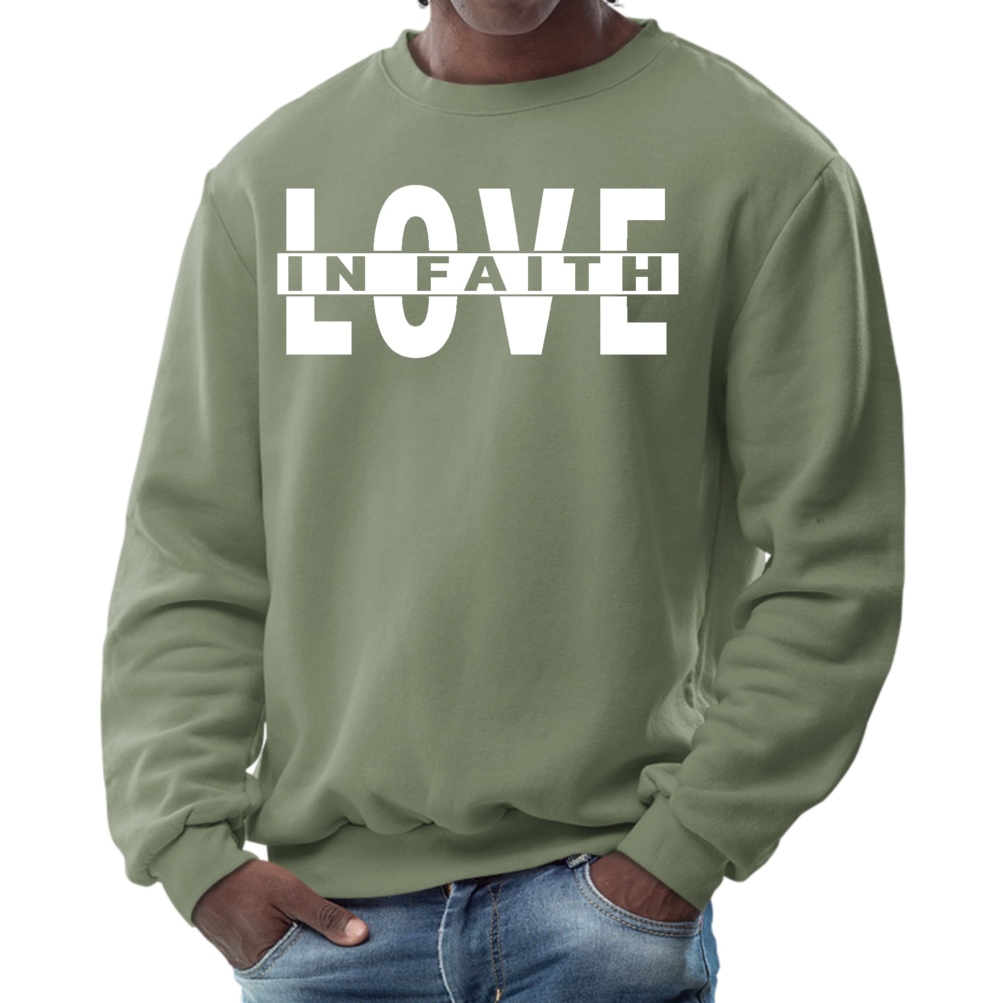 Men's Graphic Sweatshirt featuring 'Love in Faith' design, long sleeves, ribbed collar, and cuffs, made from durable cotton-polyester blend.