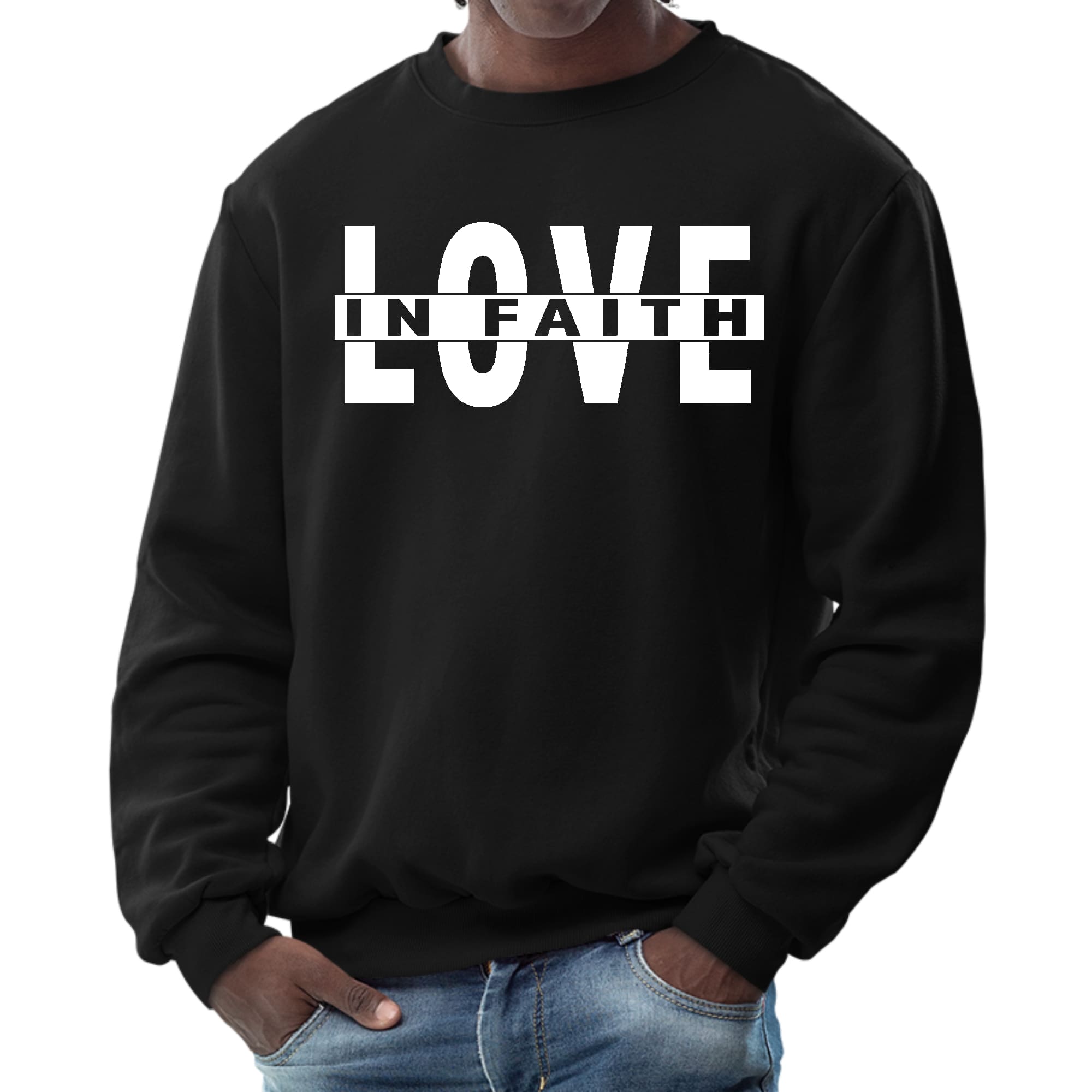 Men's Graphic Sweatshirt featuring 'Love in Faith' design, long sleeves, ribbed collar, and cuffs, made from durable cotton-polyester blend.