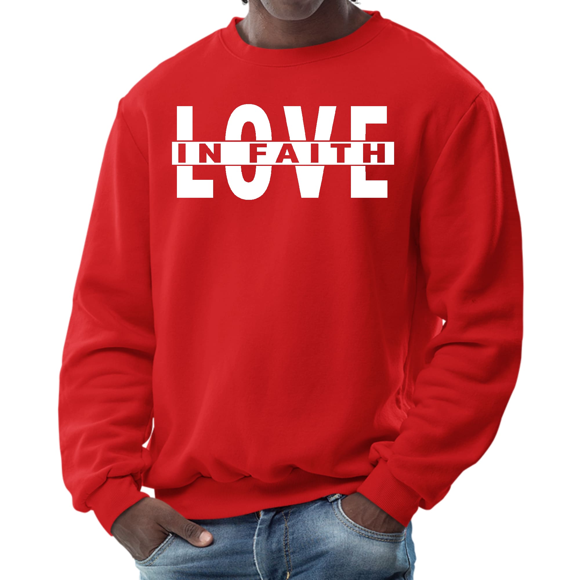 Men's Graphic Sweatshirt featuring 'Love in Faith' design, long sleeves, ribbed collar, and cuffs, made from durable cotton-polyester blend.