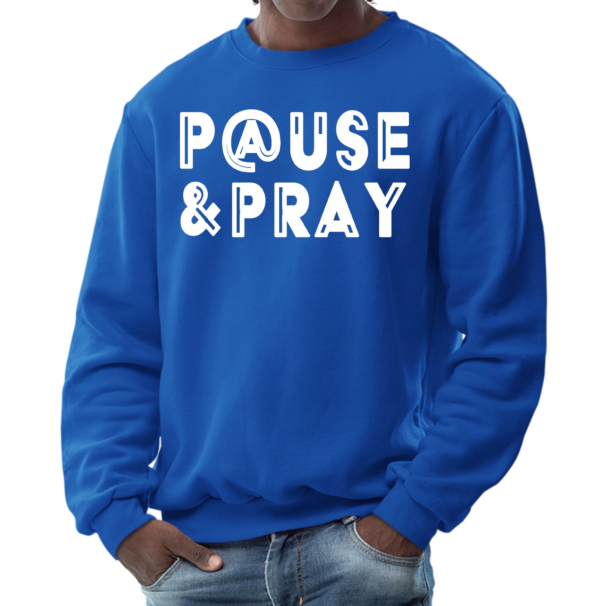 Mens Graphic Sweatshirt featuring 'Pause and Pray' design, showcasing a comfortable fit and stylish look.